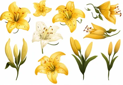 Set of Yellow and White Lily Flowers