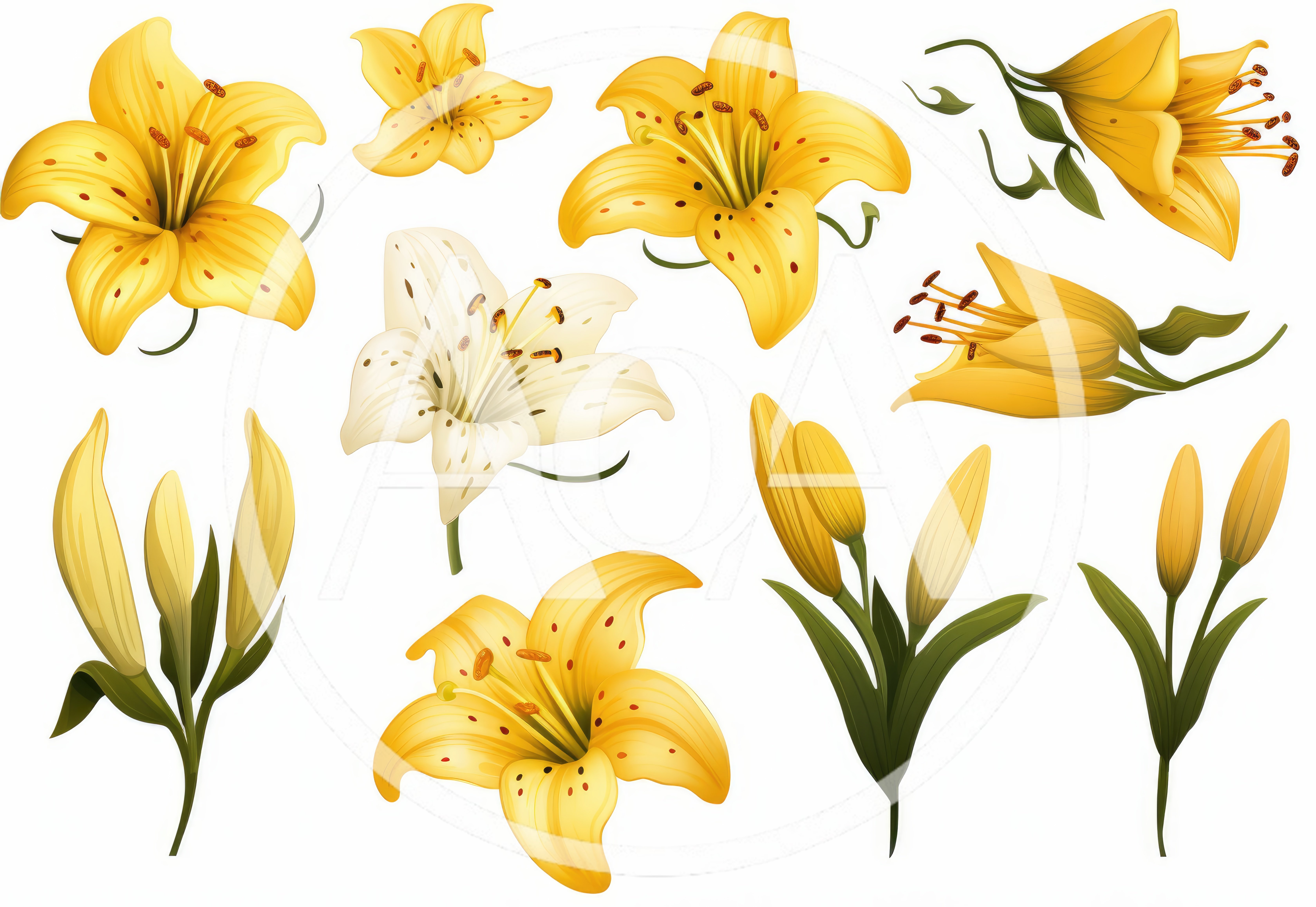 Set of Yellow and White Lily Flowers