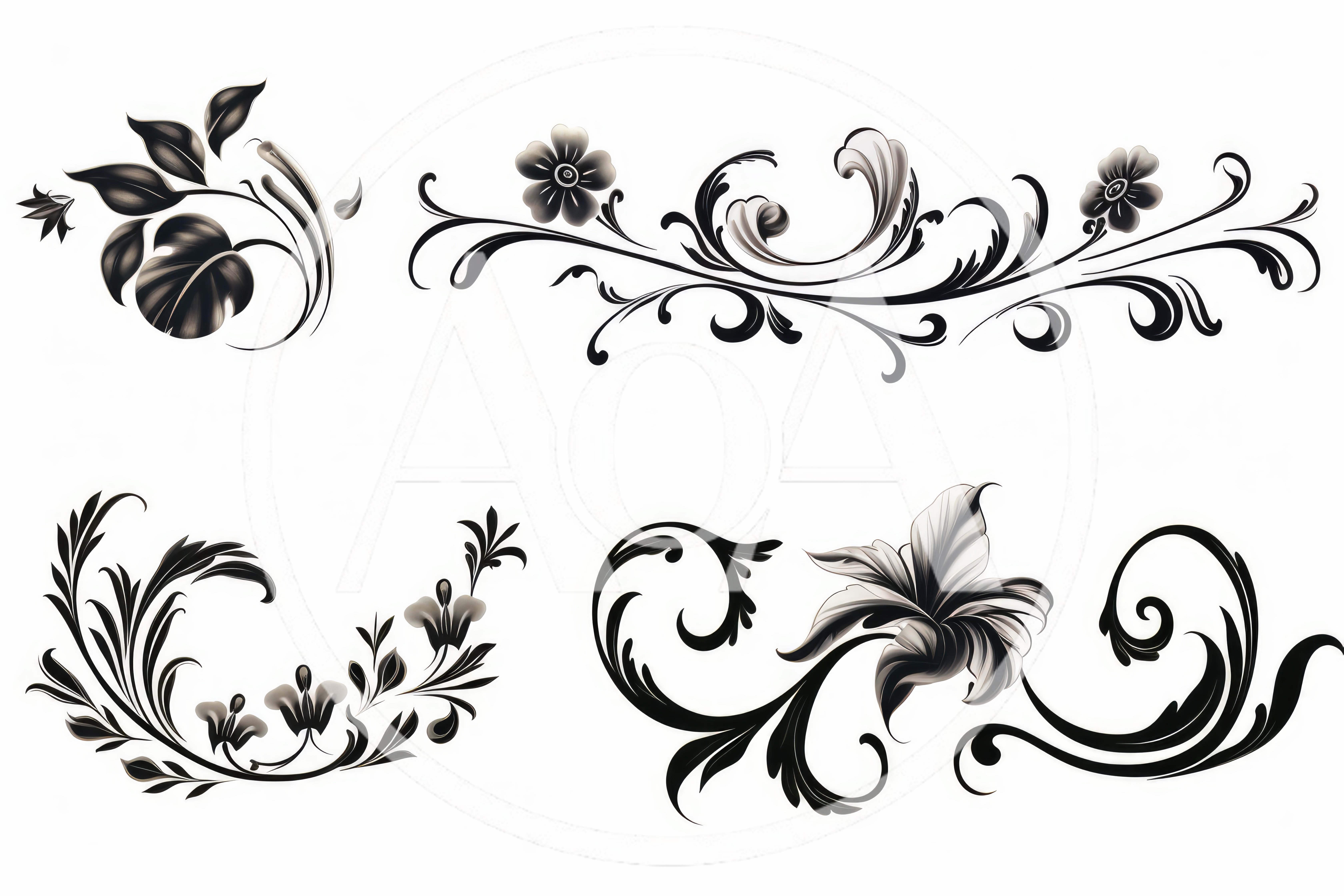 Set of Four Decorative Floral Flourish Ornaments