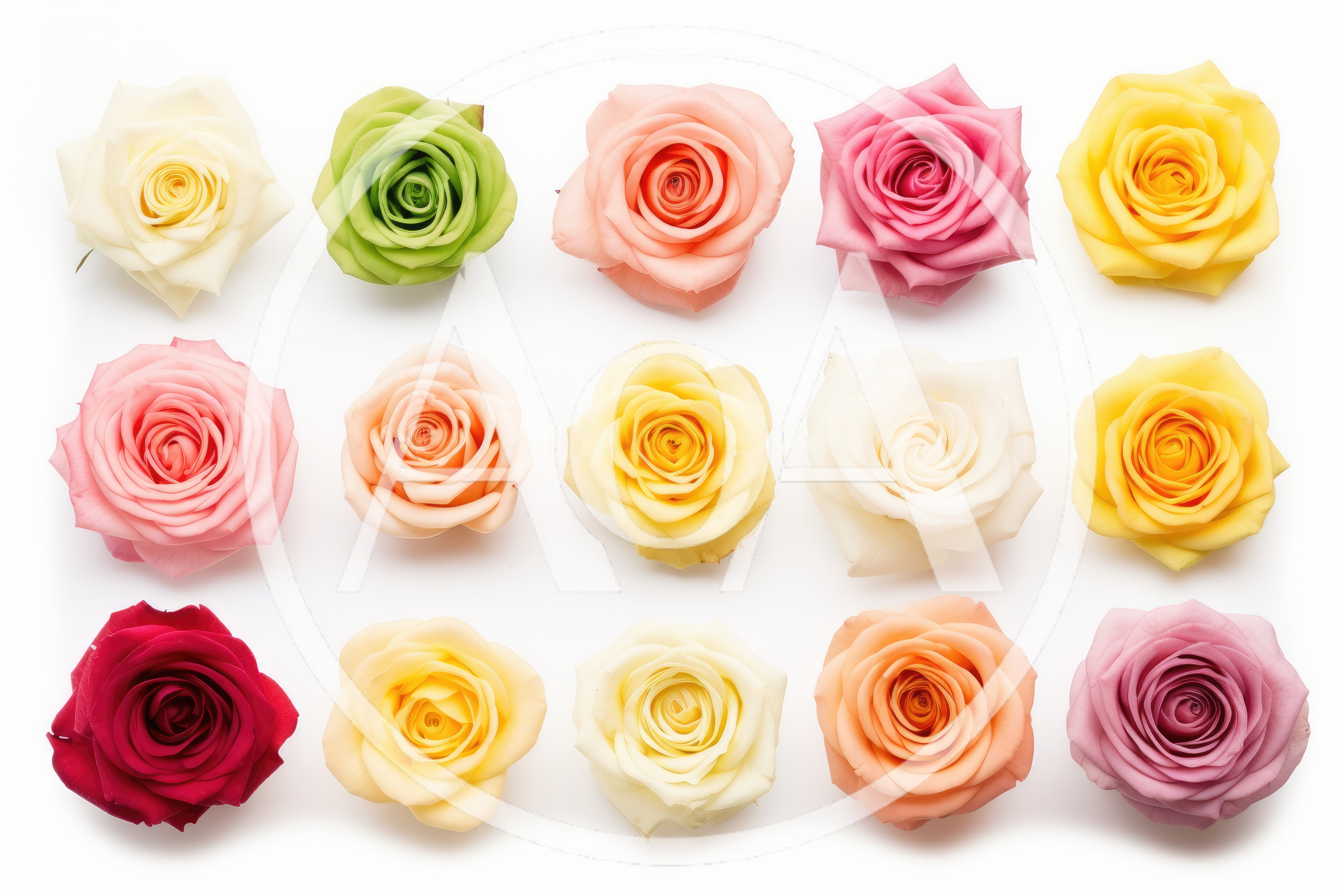 Collection Of Colorful Rose Blooms On White Background