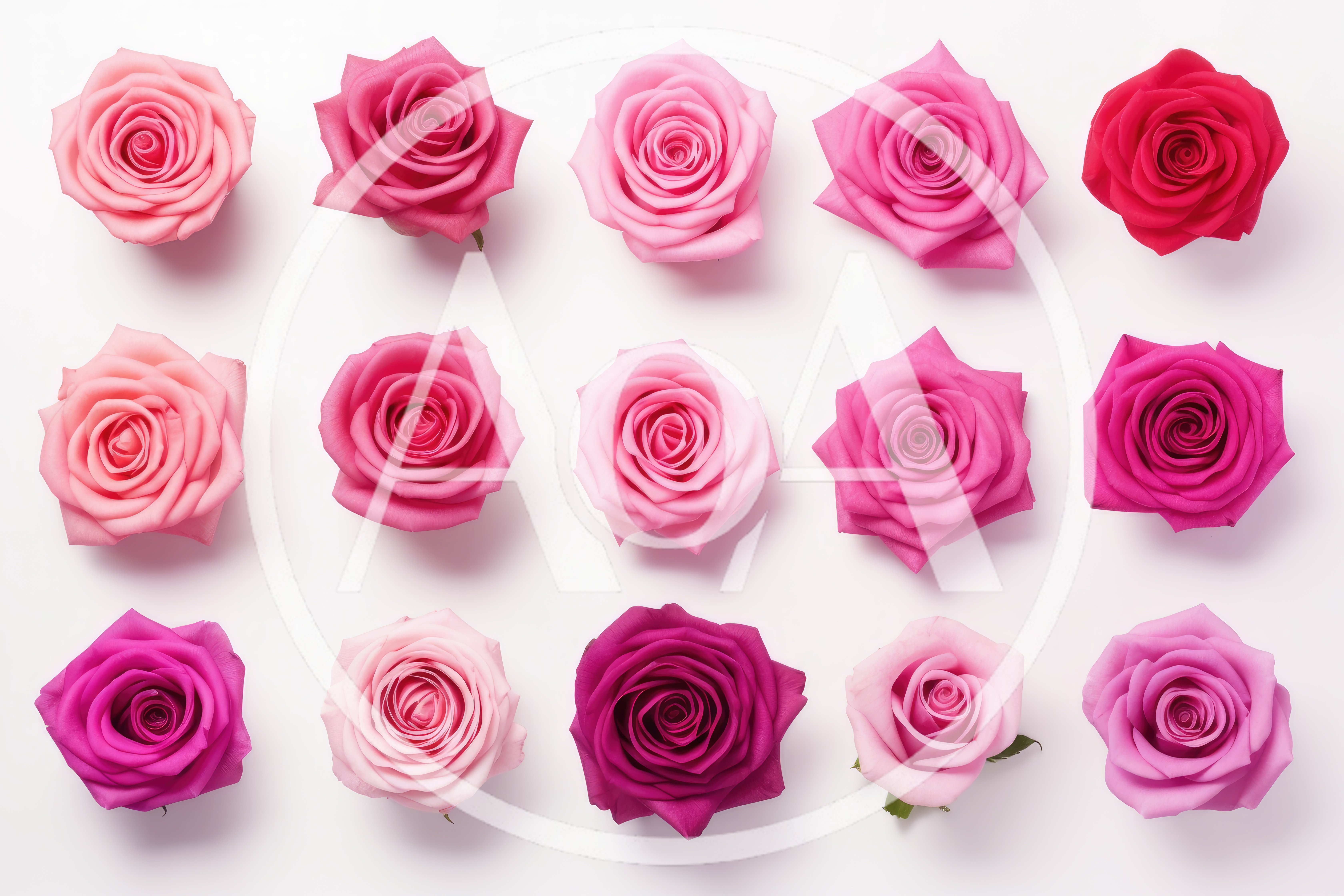 Top View Of Assorted Pink Roses On White Background