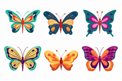 Set of Six Colorful Decorative Butterfly Illustrations