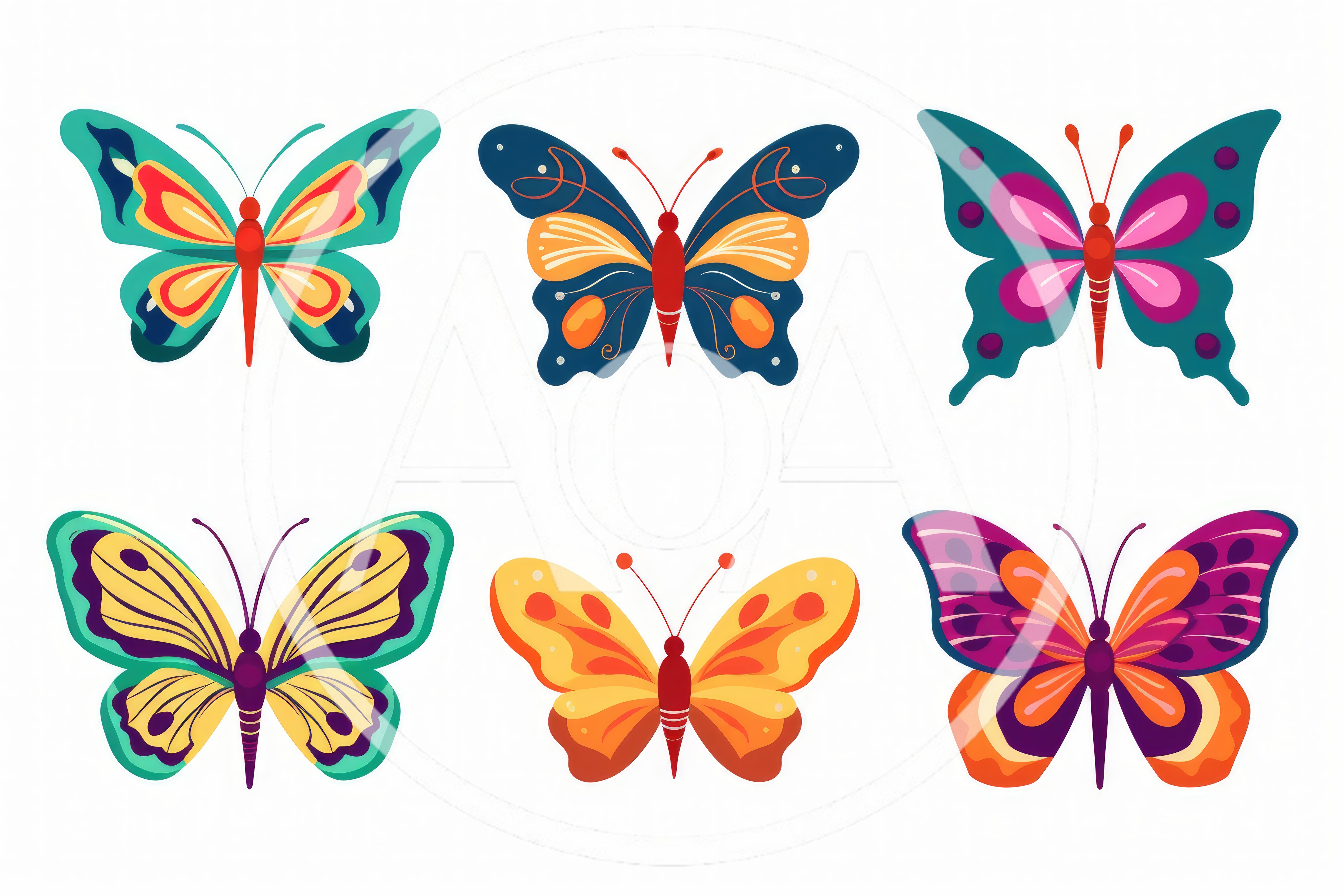 Set of Six Colorful Decorative Butterfly Illustrations