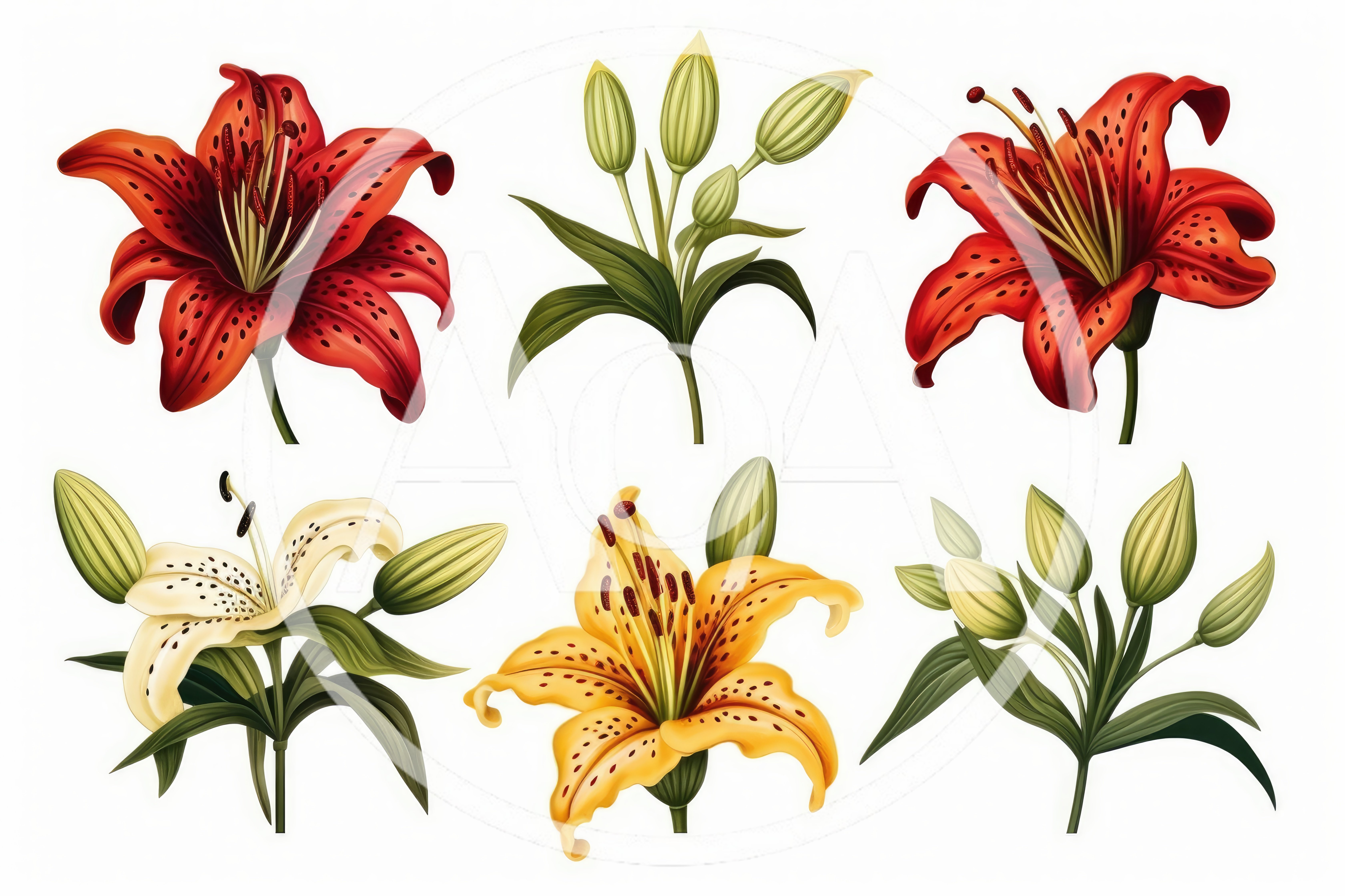 Set of Beautiful Tiger Lily Flowers and Buds
