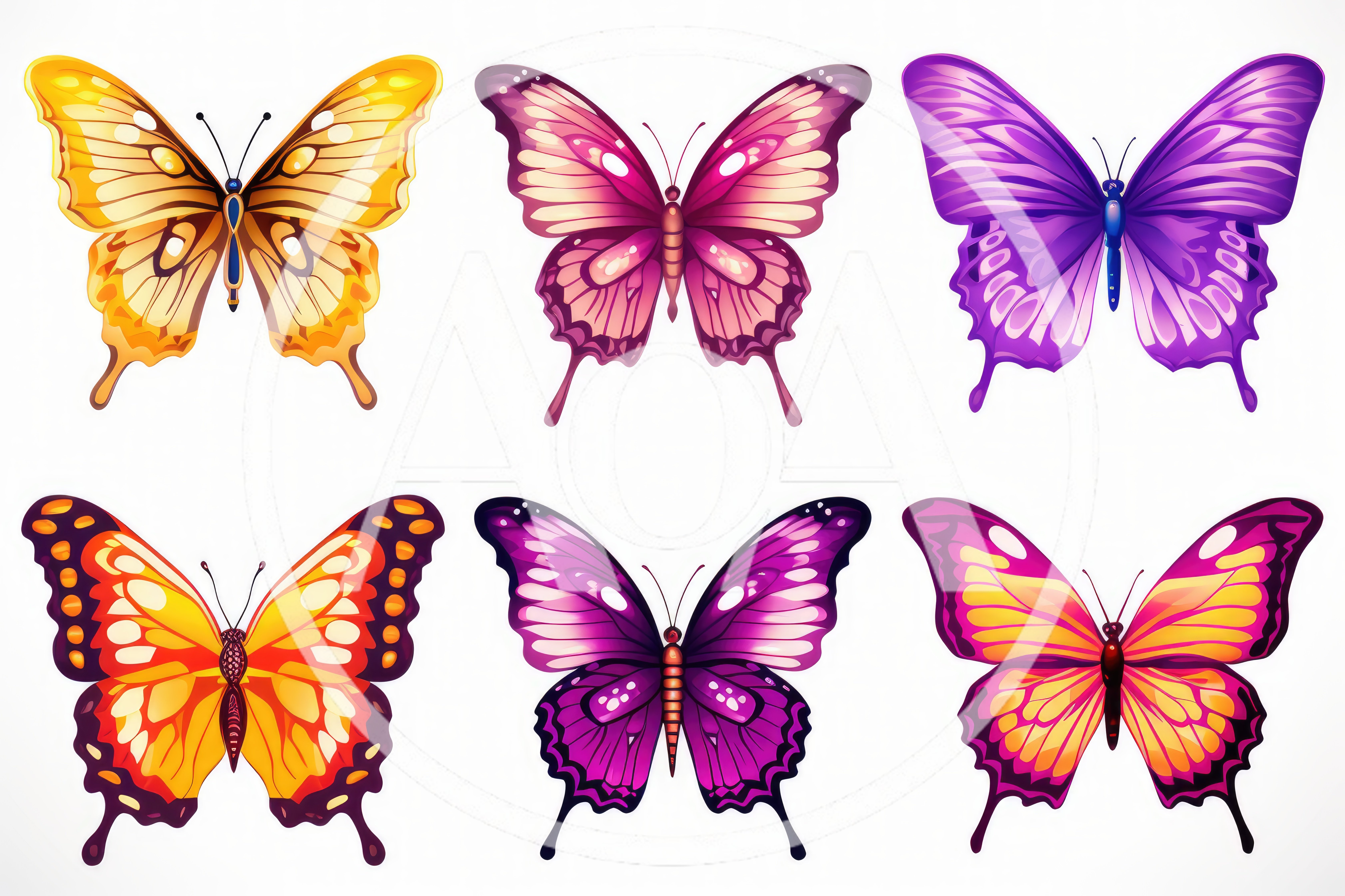 Set Of Six Colorful Decorative Butterfly Illustrations