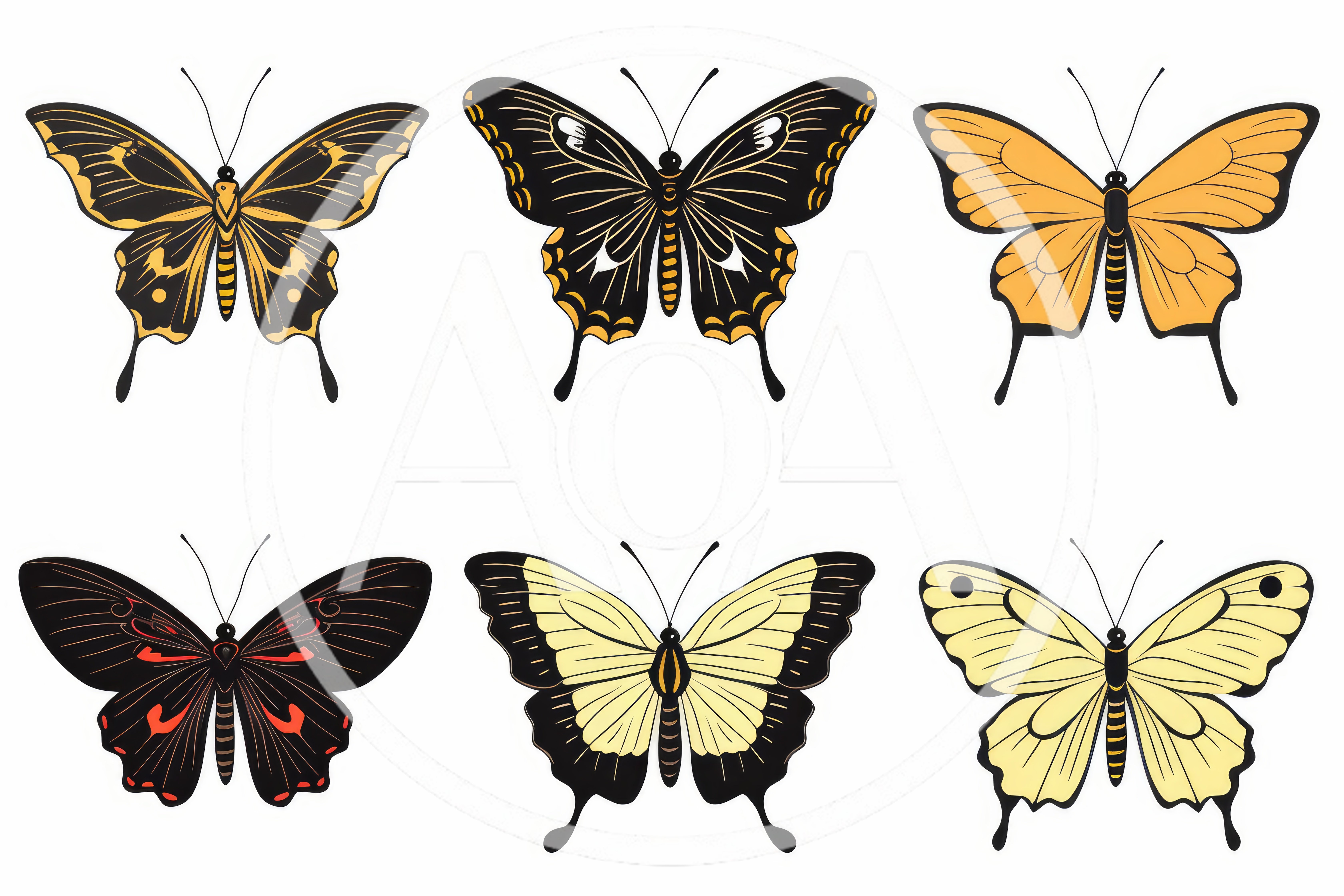 Set Of Six Colorful Butterfly Illustrations