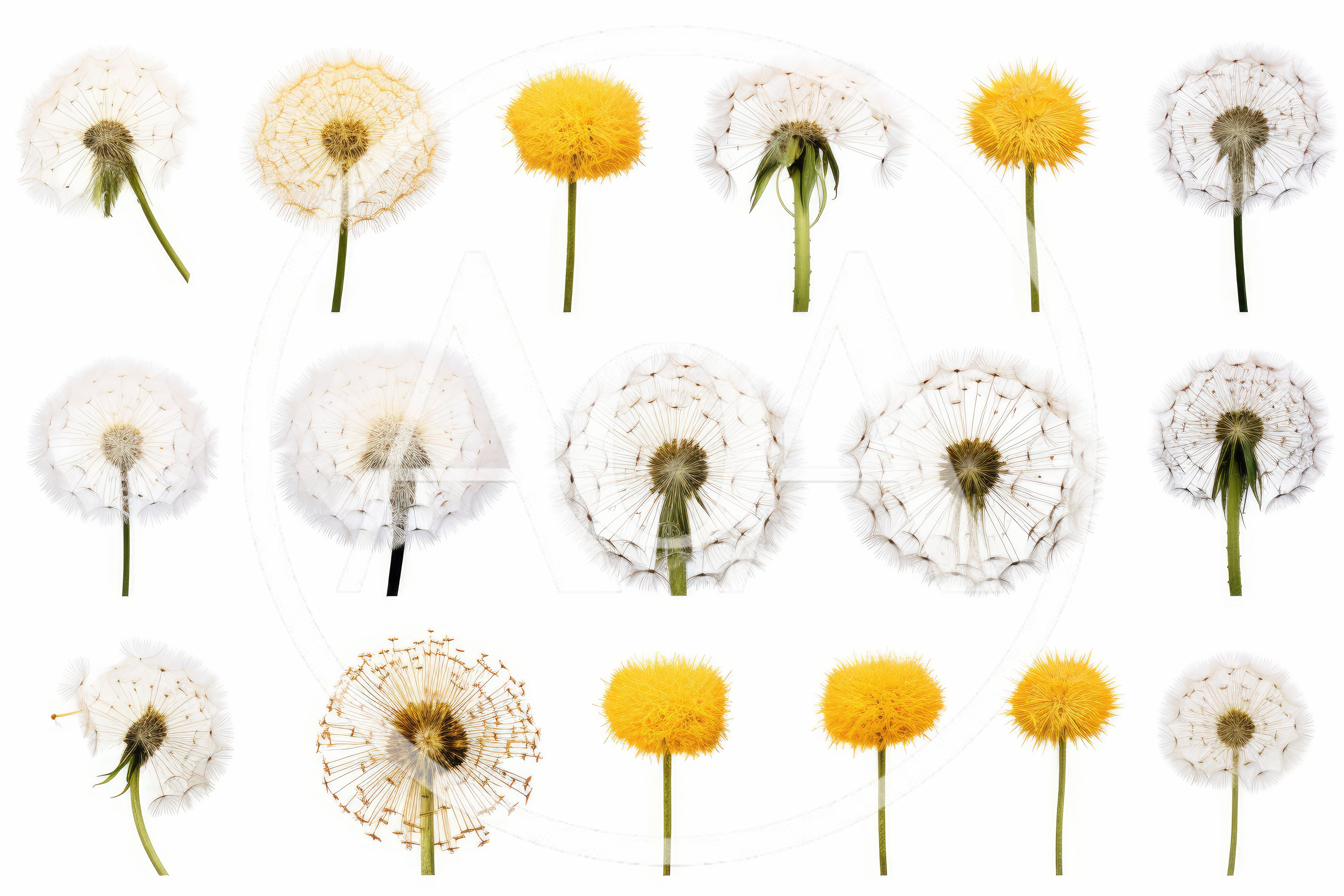 Collection Of Dandelion Flowers And Seed Heads