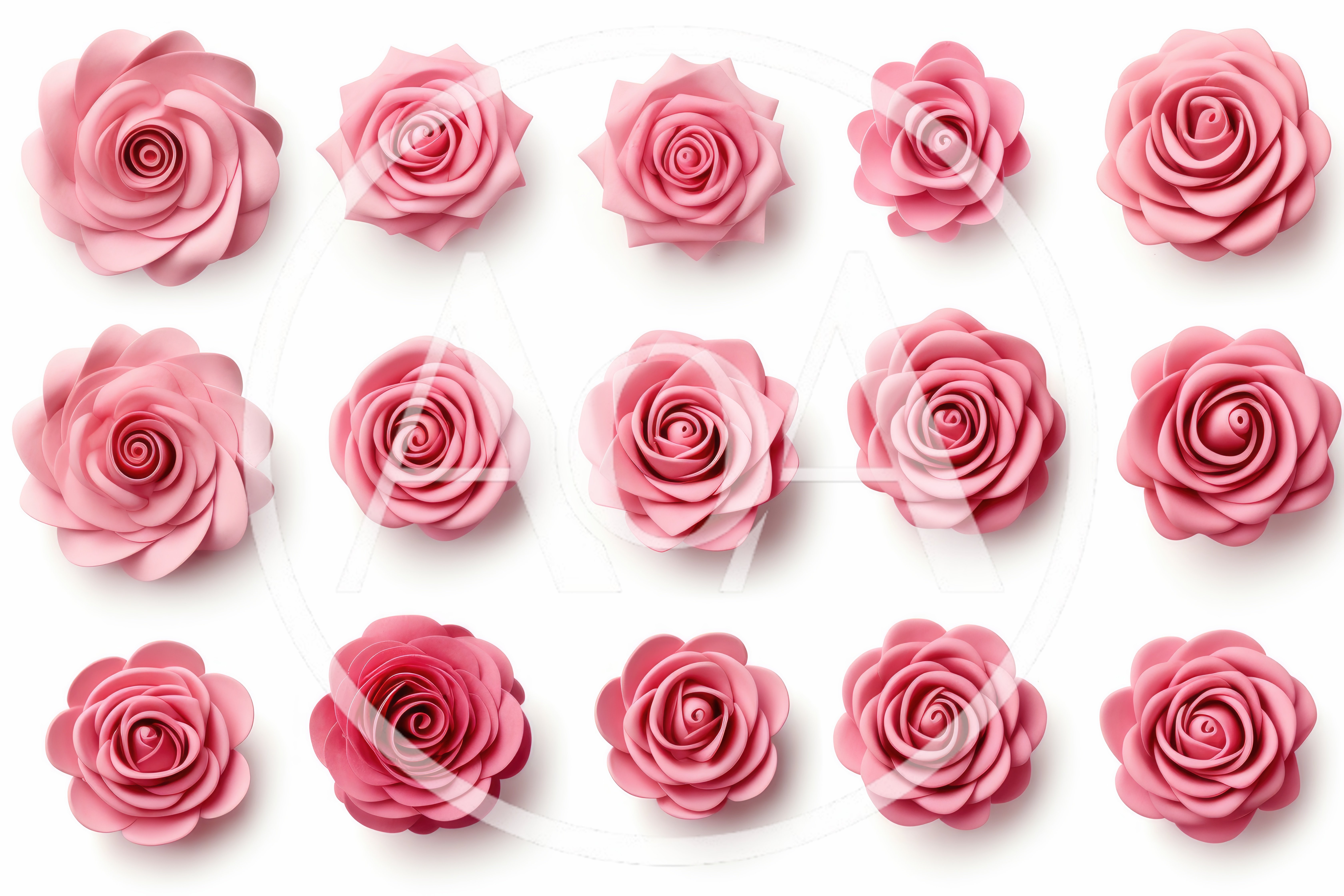 Collection Of Pink Paper Roses On White Background