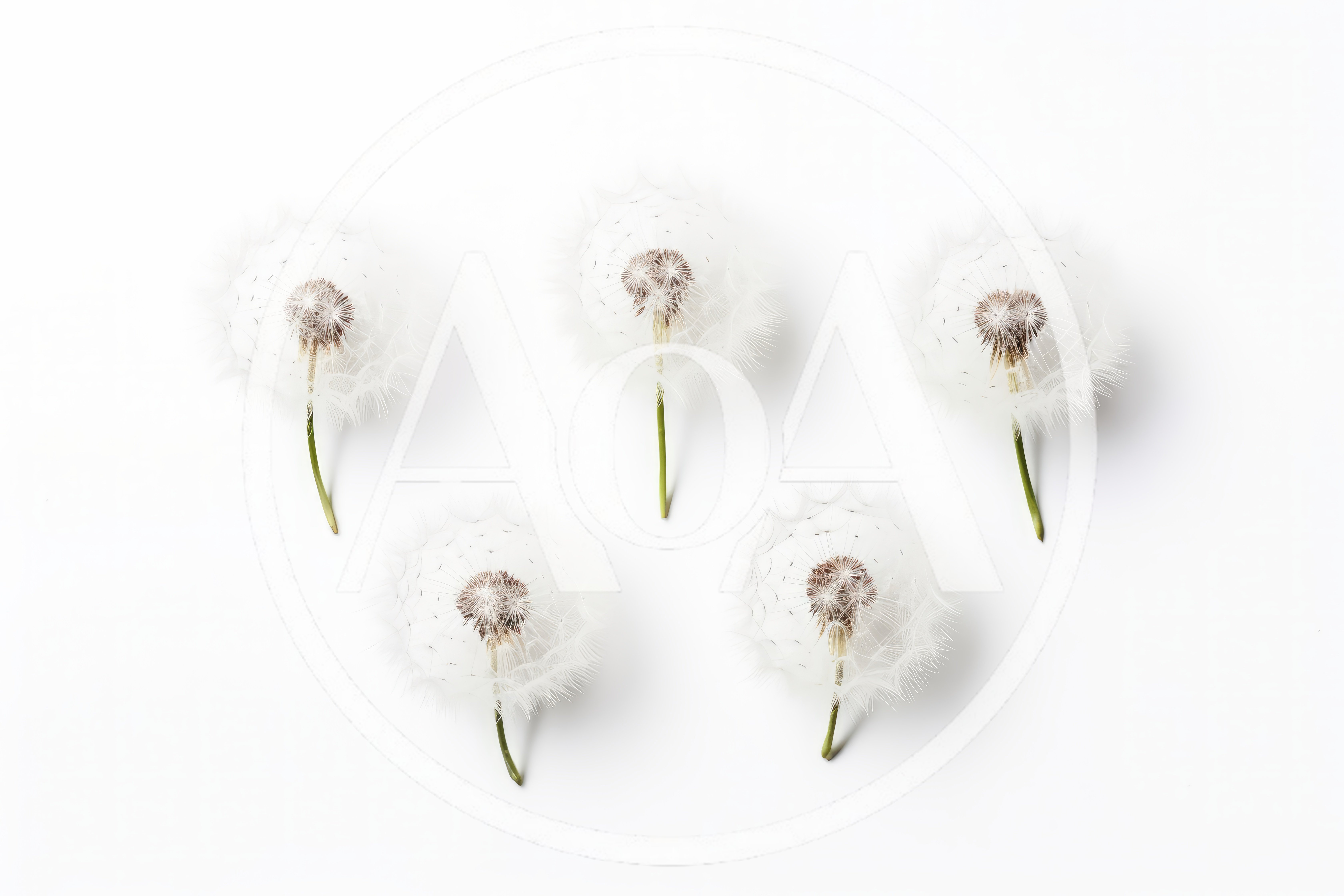 Five Dandelion Seed Heads Arranged On White Background