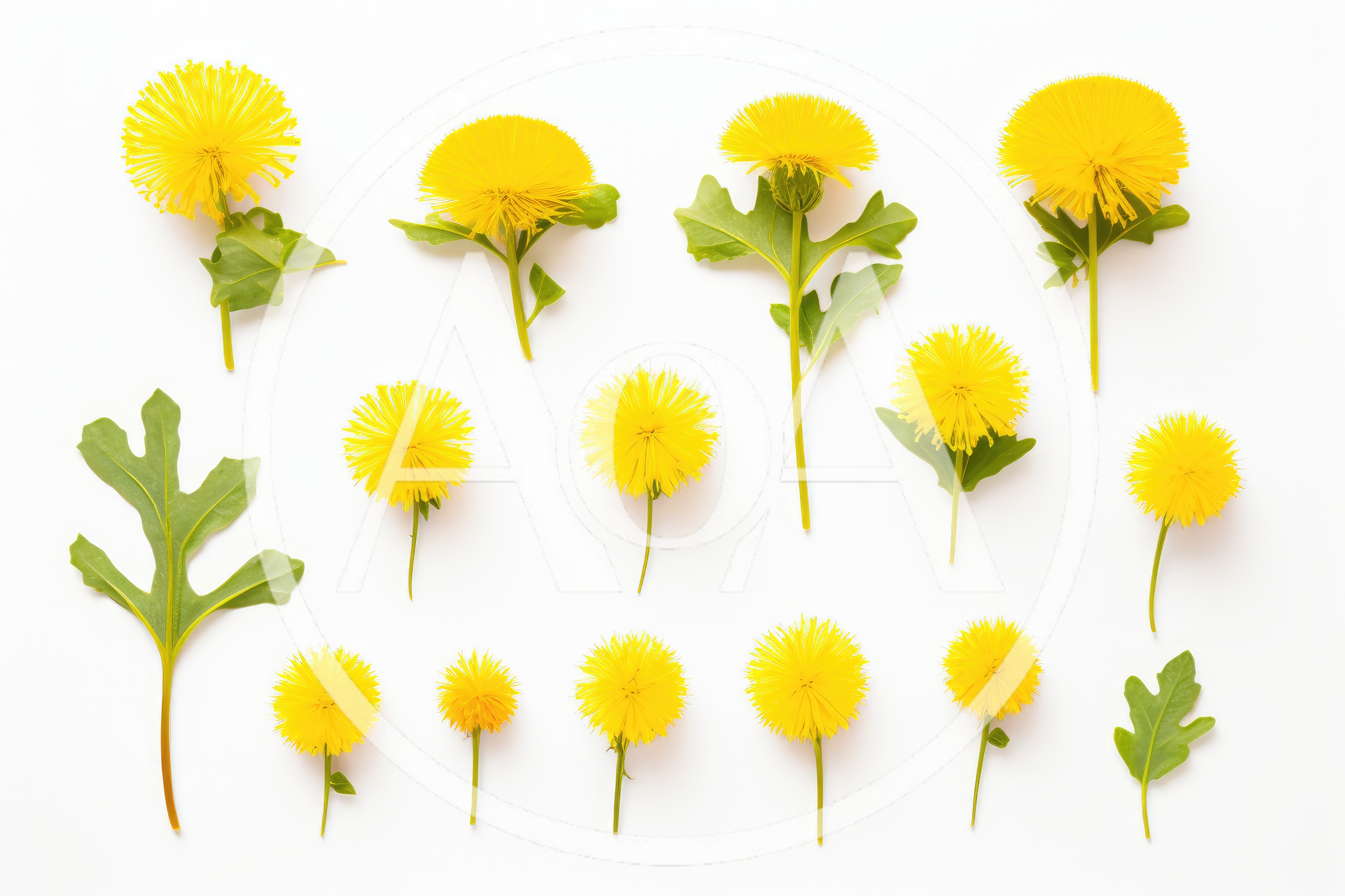 Collection Of Fresh Yellow Dandelion Flowers And Leaves