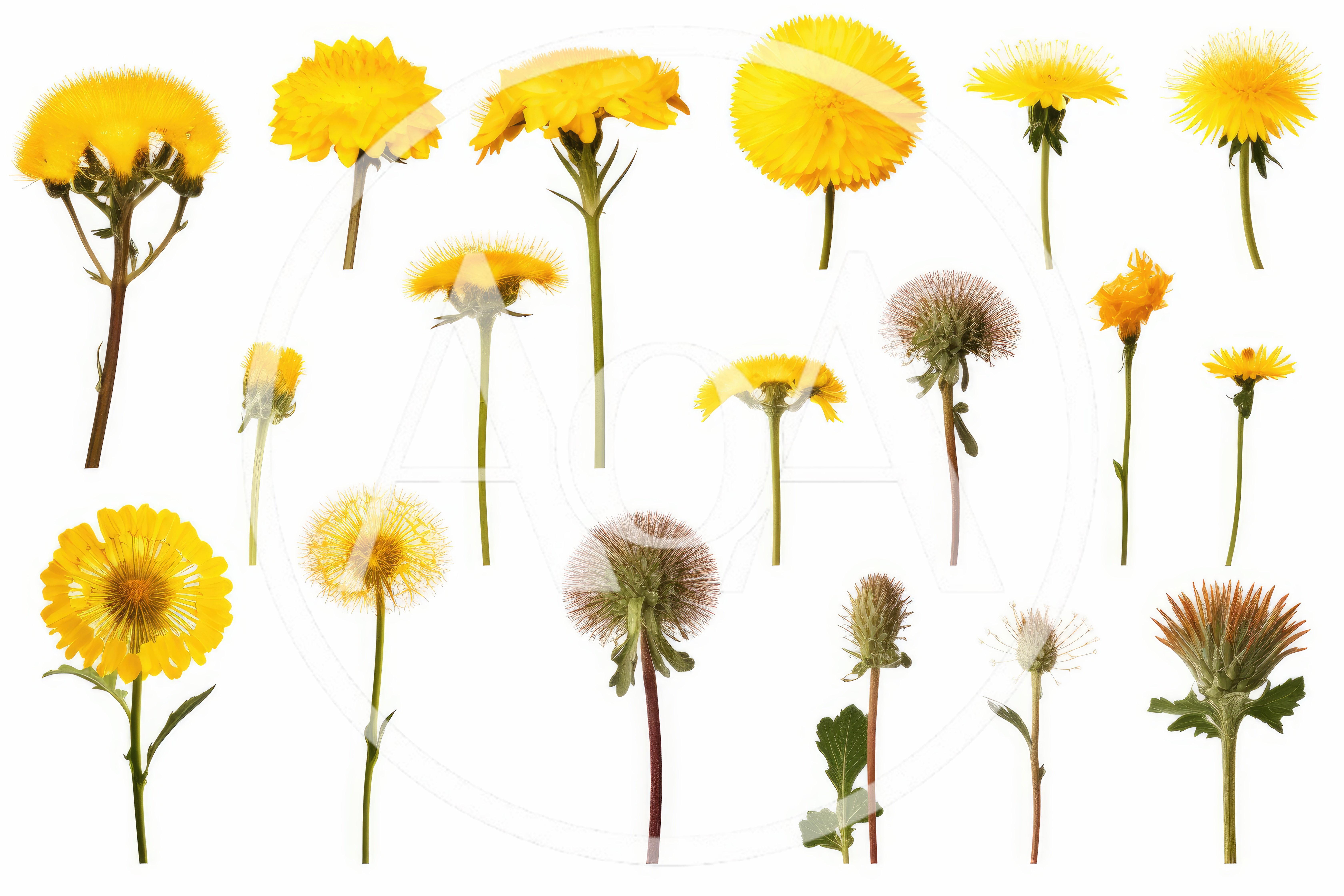 Collection of Dandelion Flowers and Seed Heads
