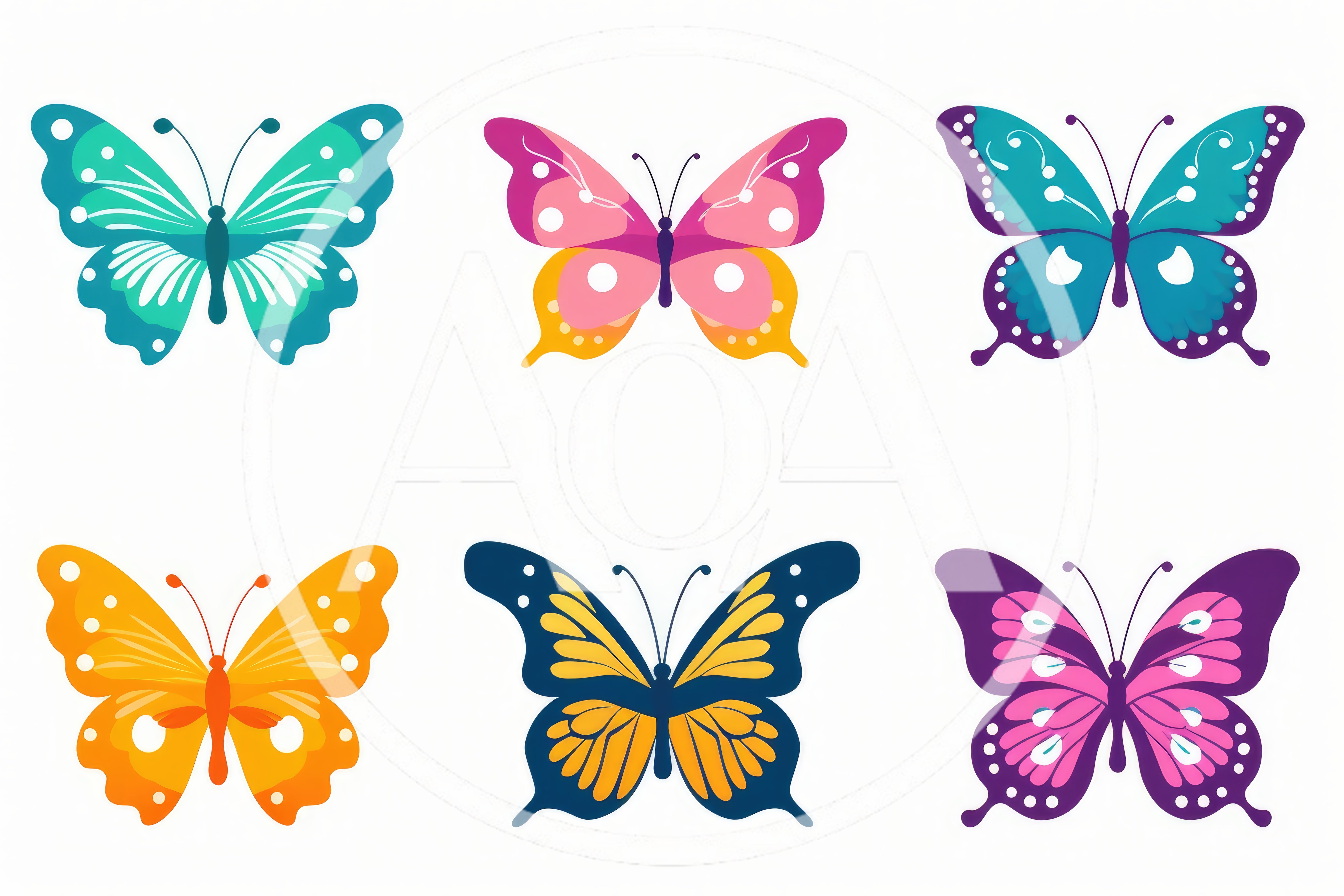 Set Of Six Colorful Decorative Butterfly Illustrations