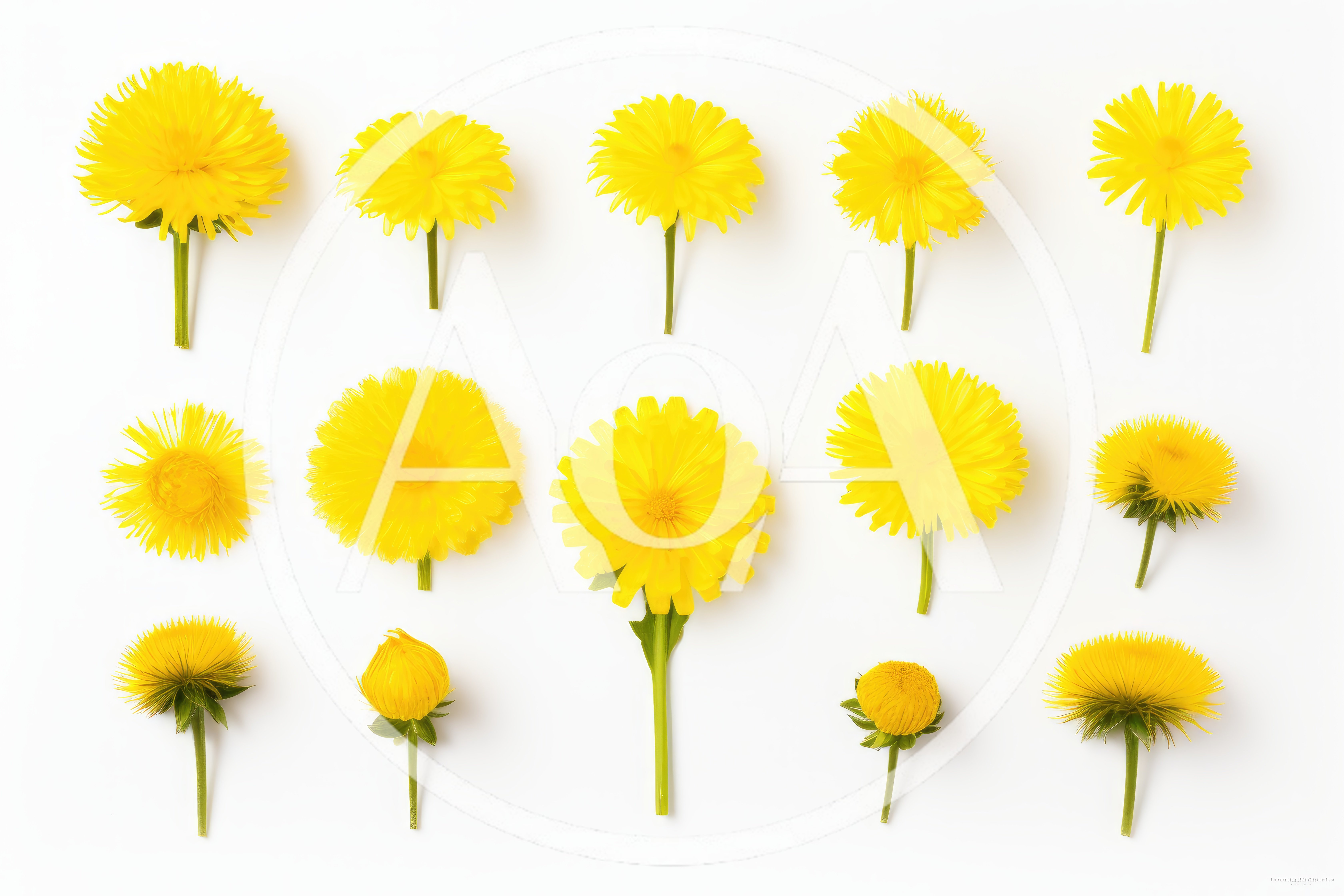 Collection Of Yellow Dandelion Flowers On White Background