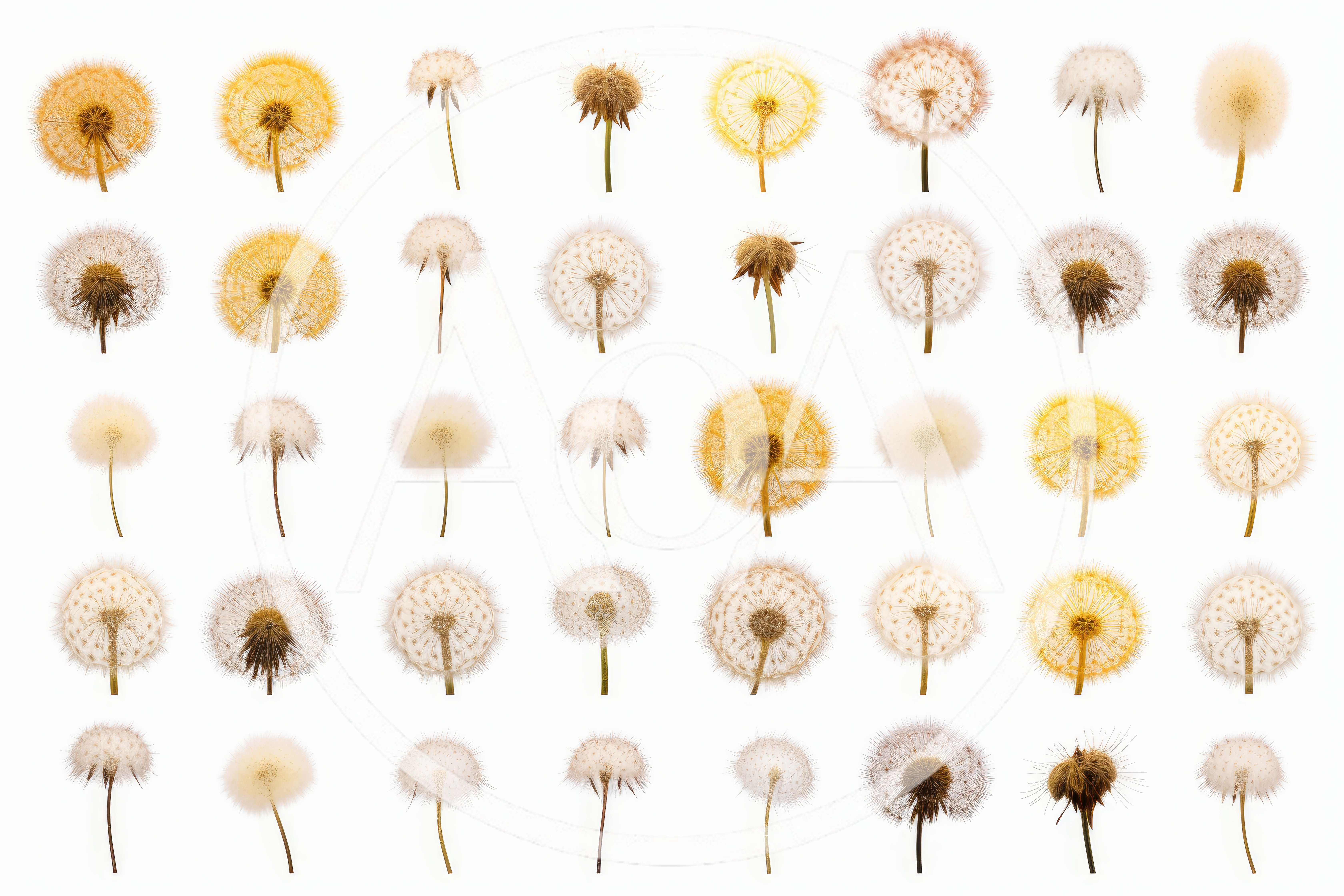 Collection of Dandelion Seed Heads on White Background