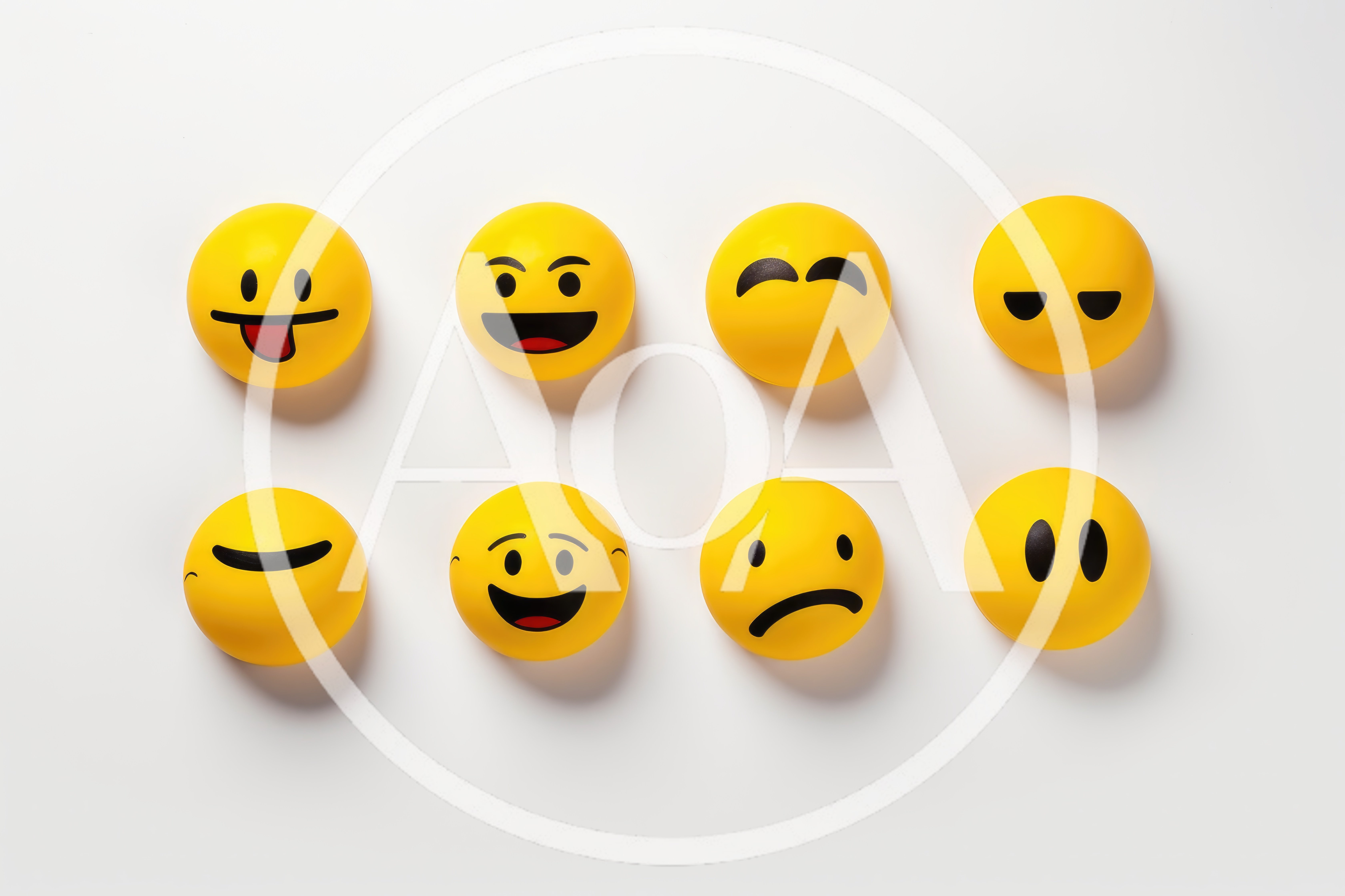 Eight Yellow Emoji Stress Balls On White Background