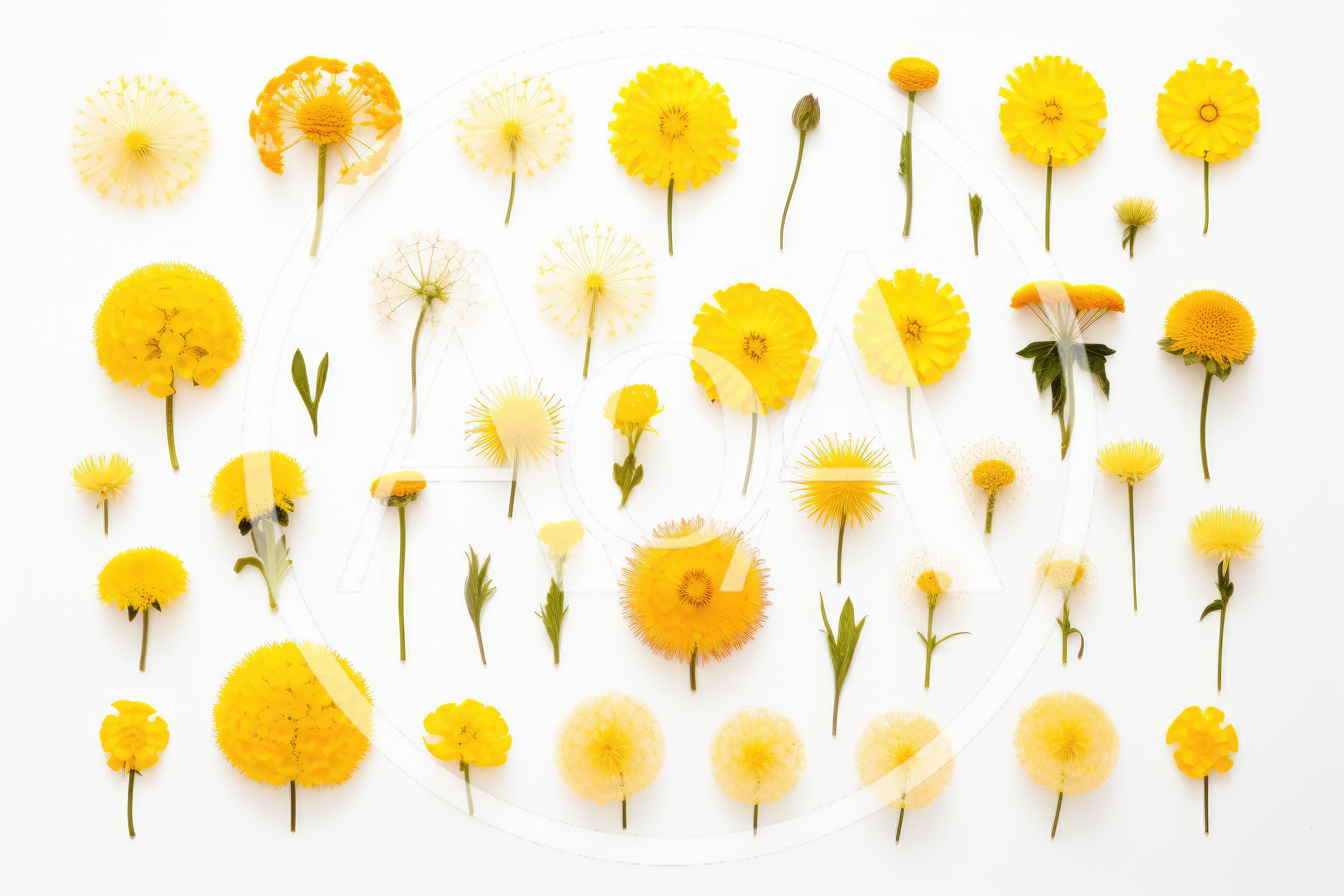 Collection Of Pressed Yellow Wildflowers On White Background