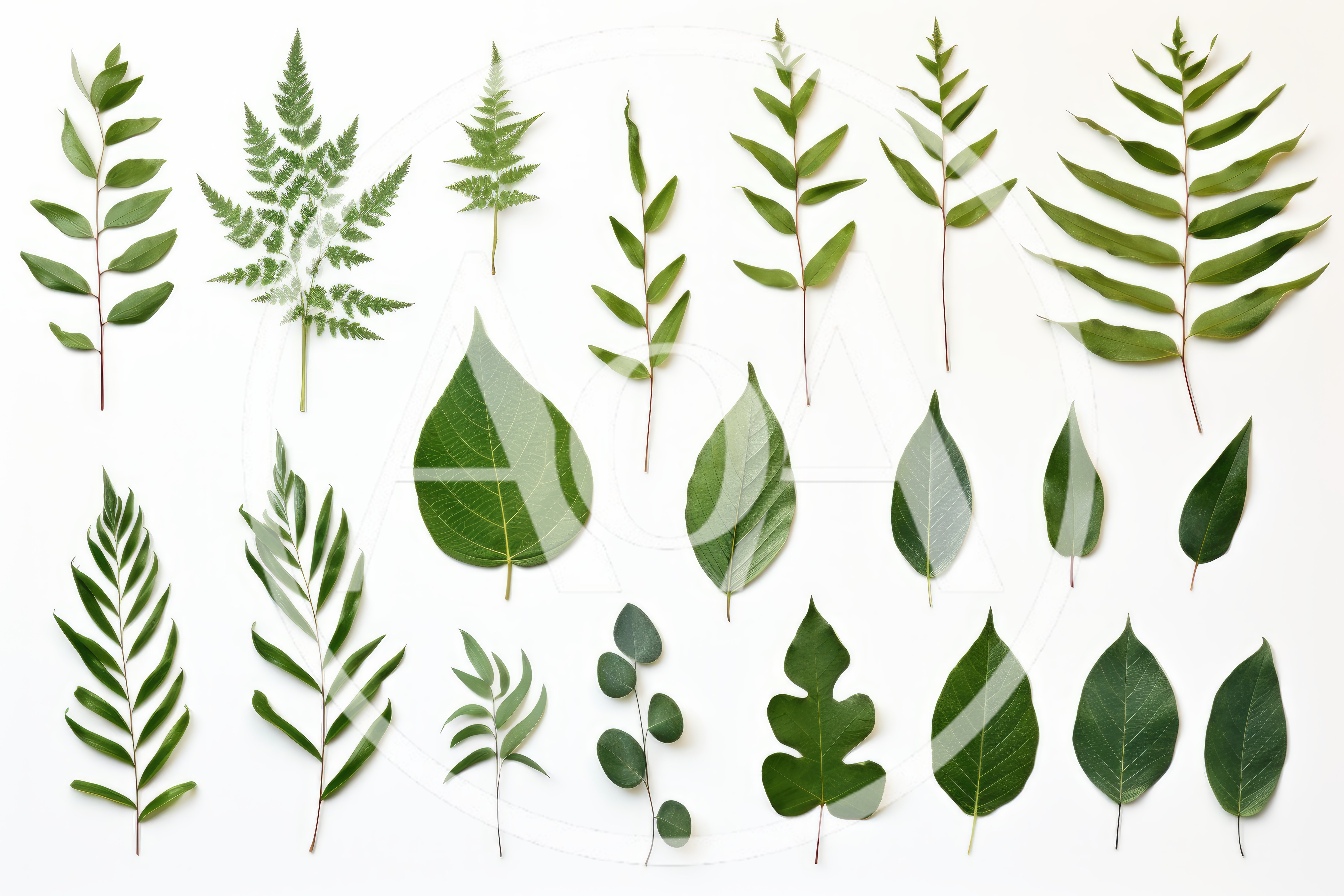 Collection Of Various Green Leaves On White Background