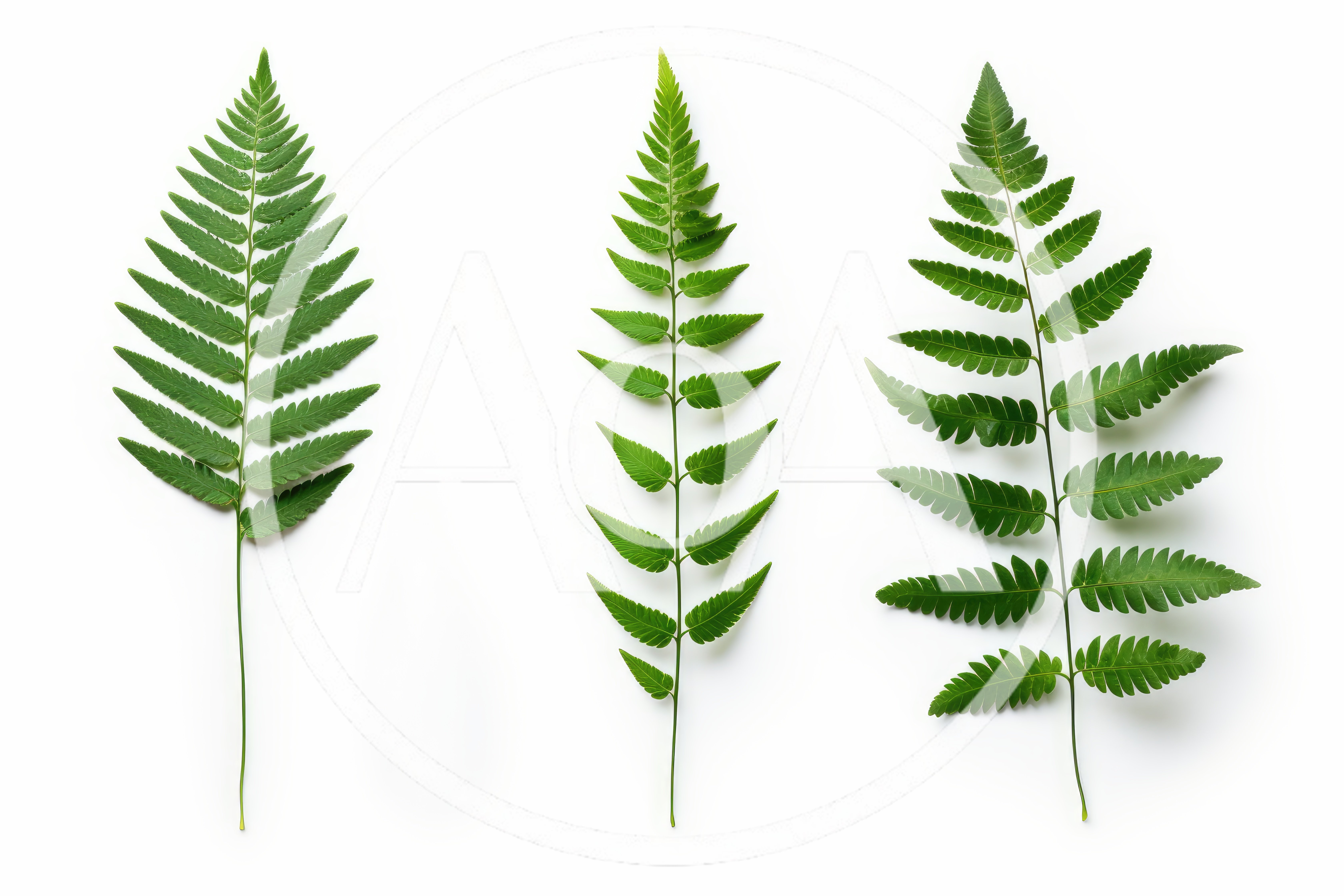 Three Green Fern Fronds Isolated On White Background
