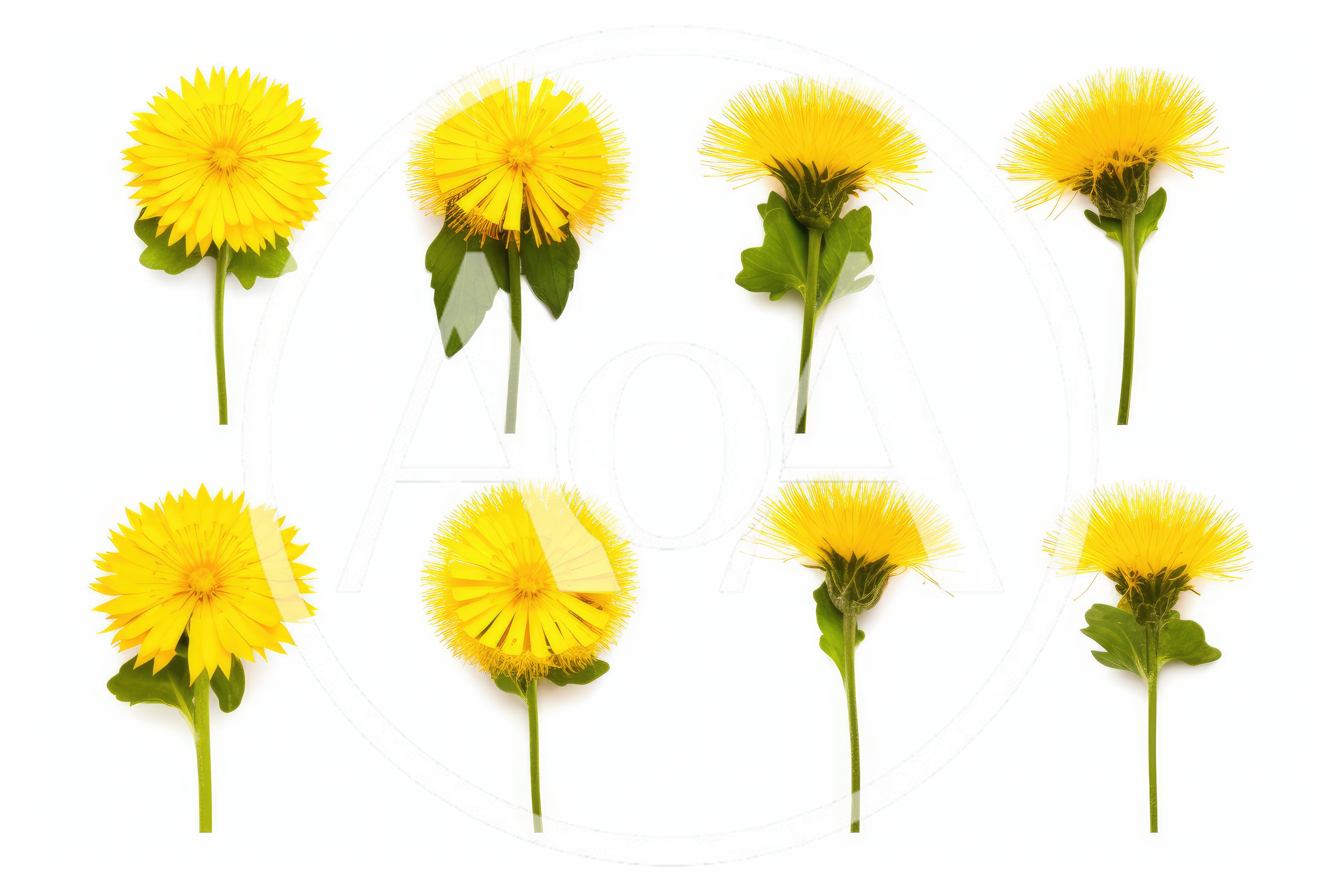 Collection Of Yellow Dandelion Flowers On White Background