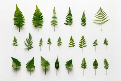 Collection Of Various Green Fern Leaves On White Background