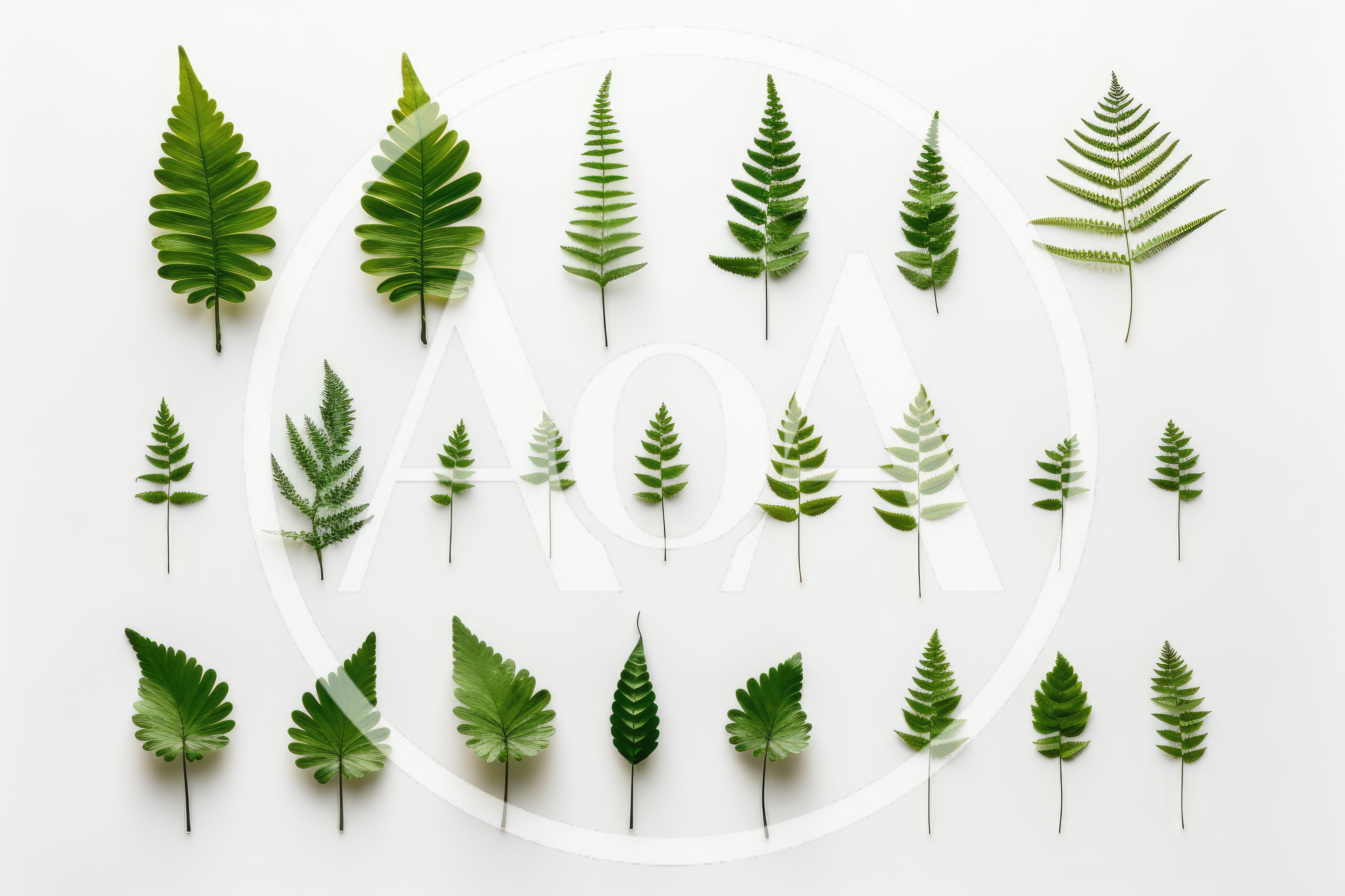 Collection Of Various Green Fern Leaves On White Background