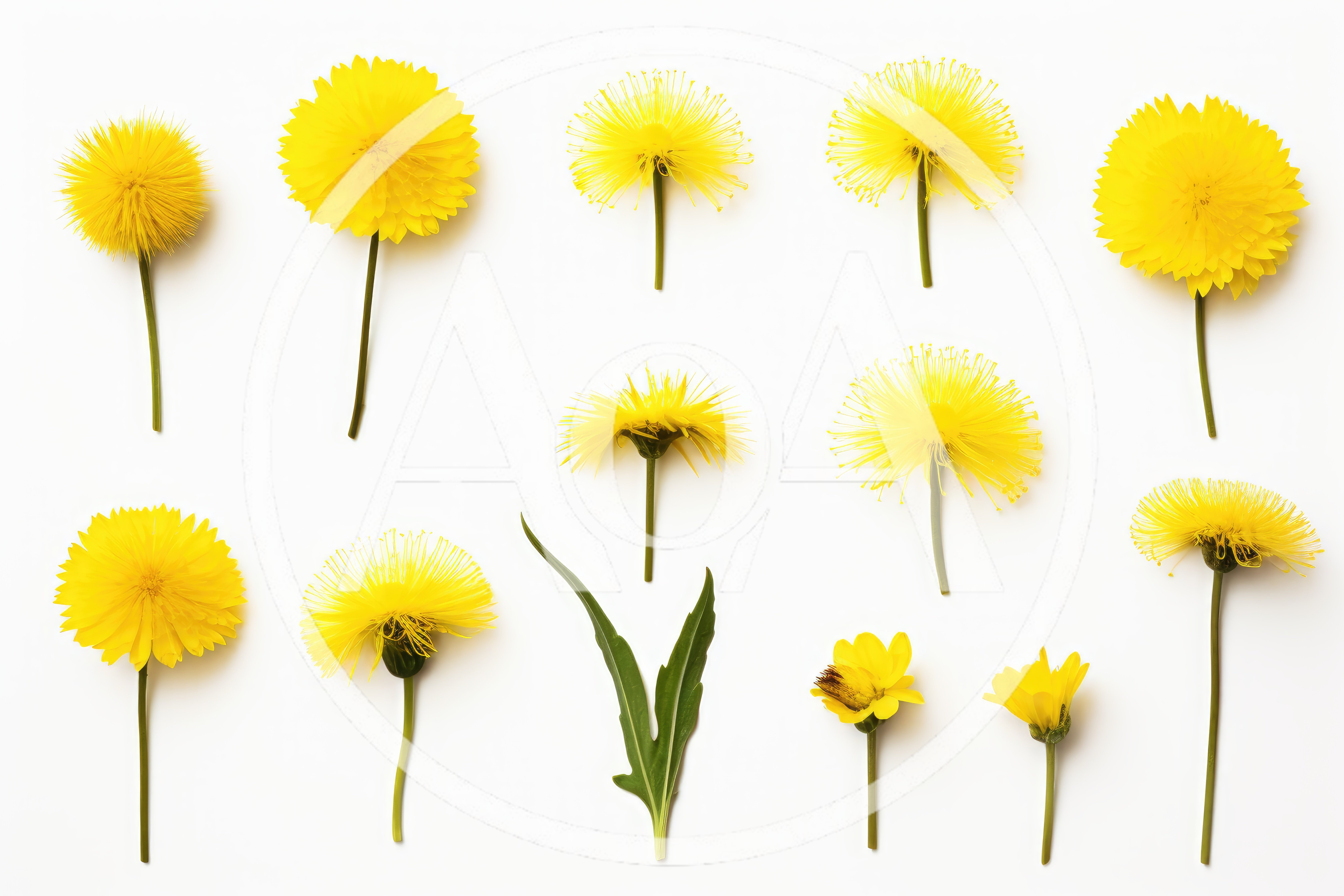Collection Of Yellow Dandelion Flowers On White Background