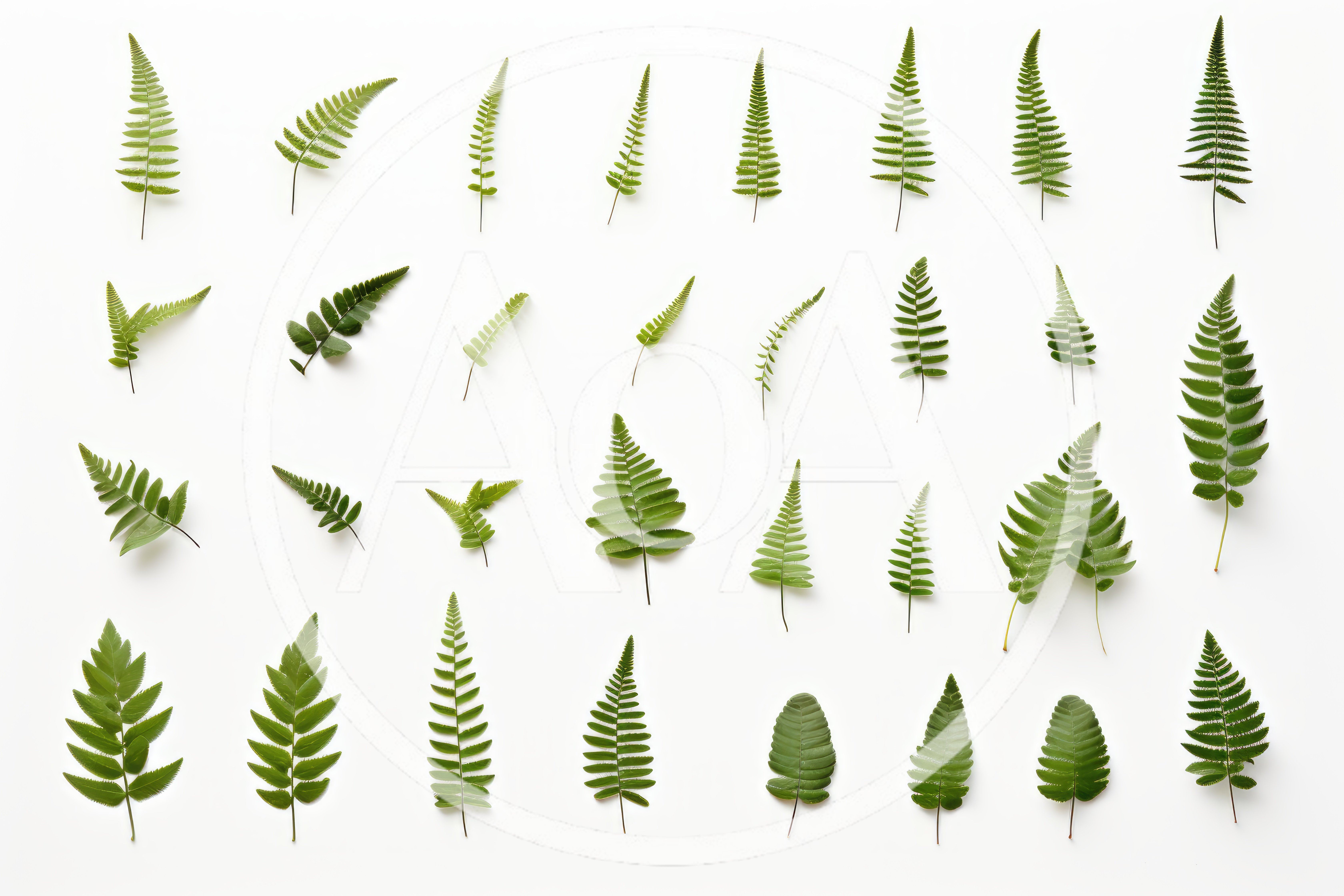 Collection Of Various Green Fern Leaves On White Background