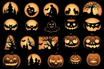 Halloween Silhouette Icons Set With Pumpkins And Spooky Scenes