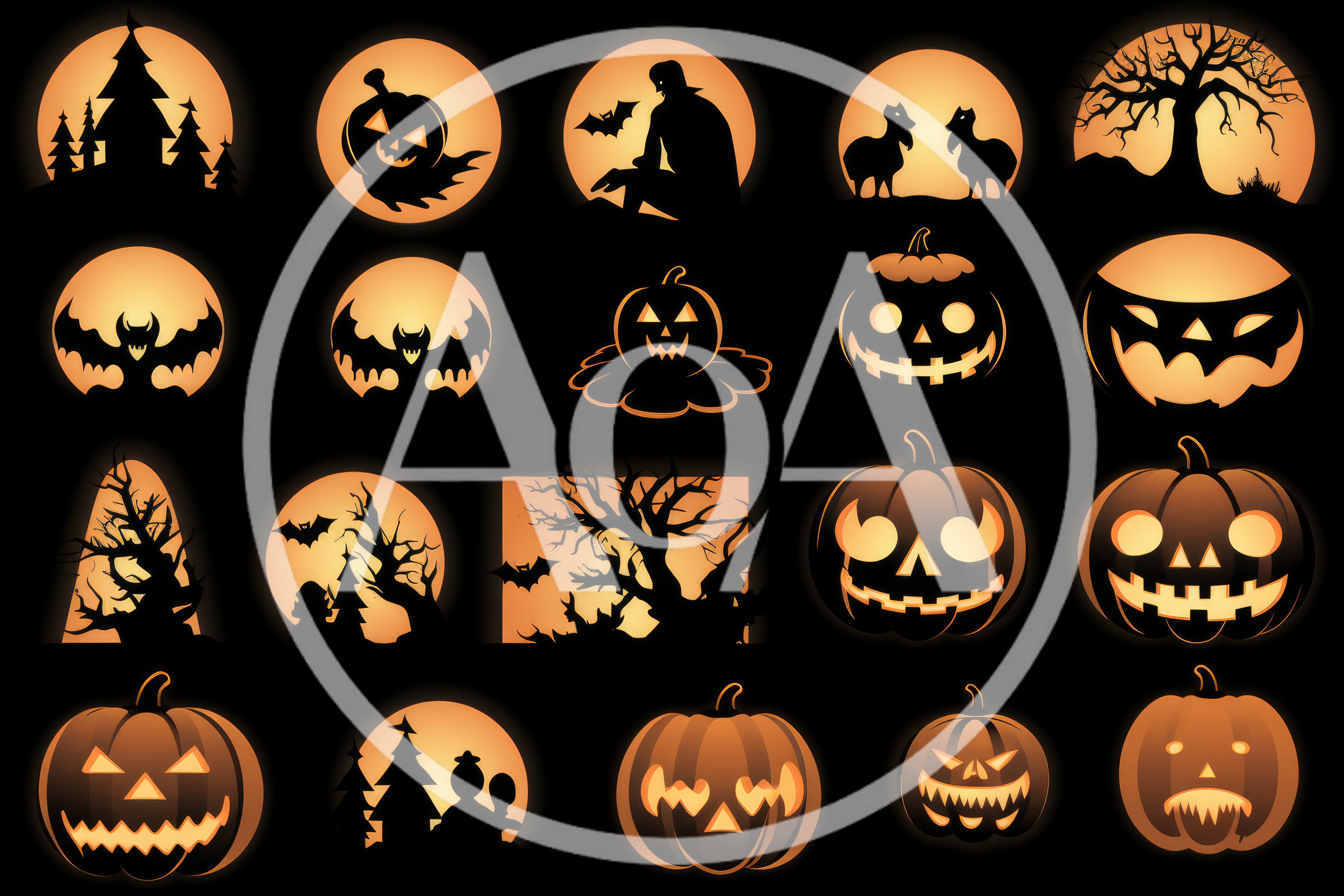 Halloween Silhouette Icons Set With Pumpkins And Spooky Scenes