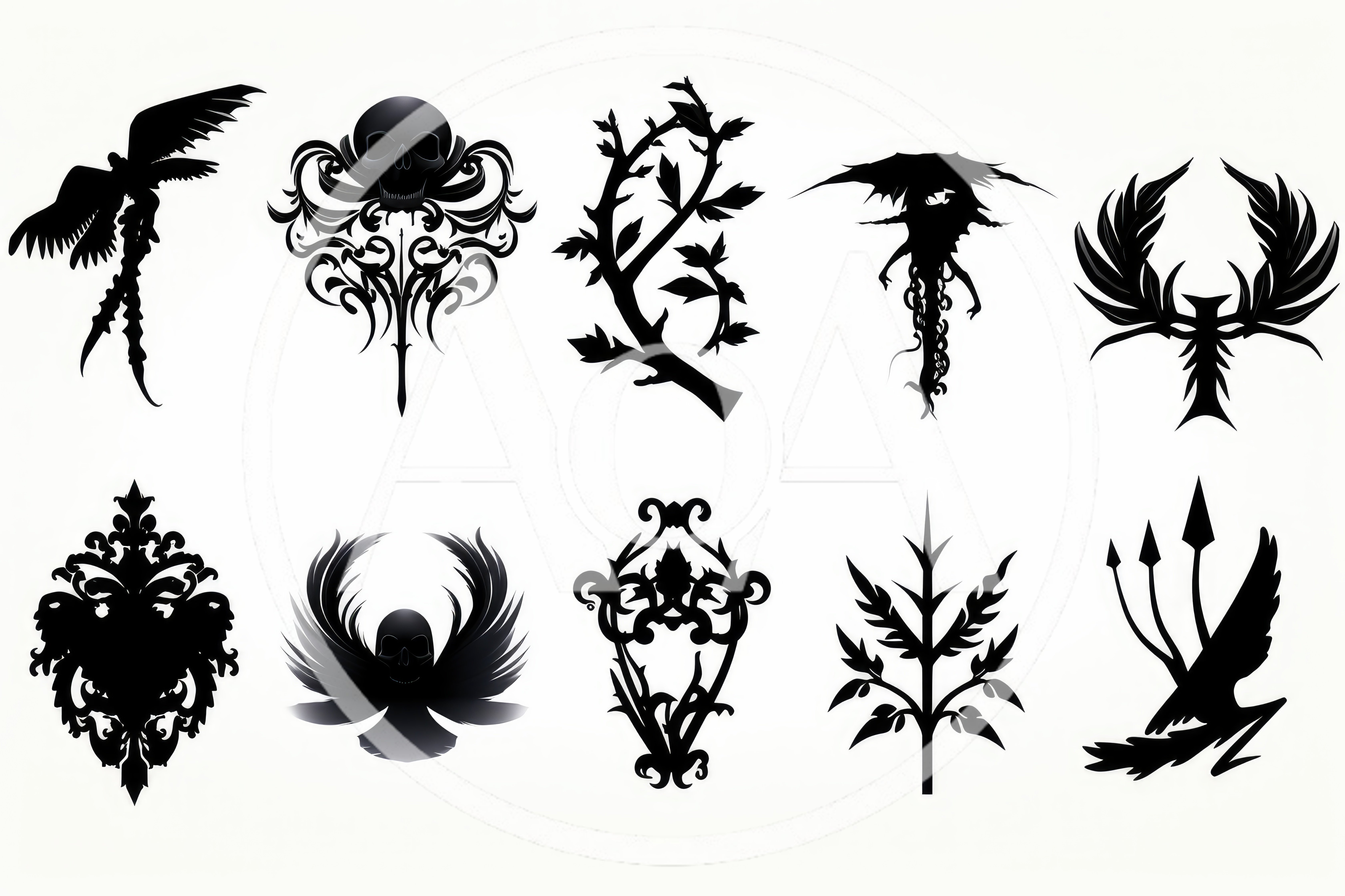 Set Of Ten Gothic Style Black Silhouette Vector Icons