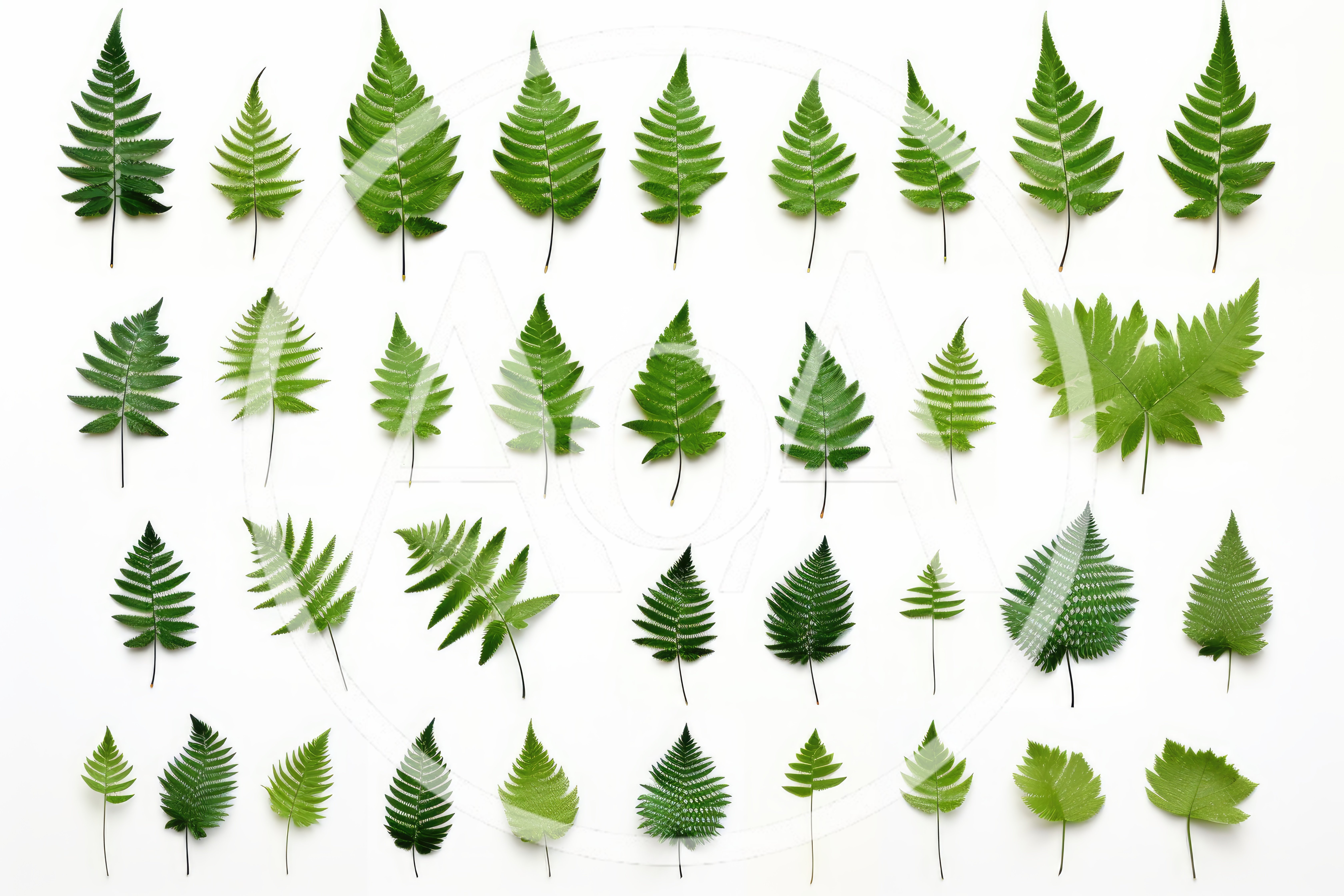 Collection Of Various Green Fern Leaves On White Background
