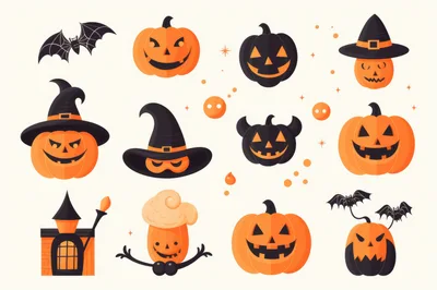 Halloween Pumpkin And Bat Vector Icon Set