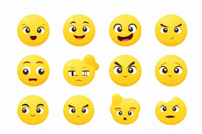 Set Of Twelve Expressive Yellow Cartoon Emojis