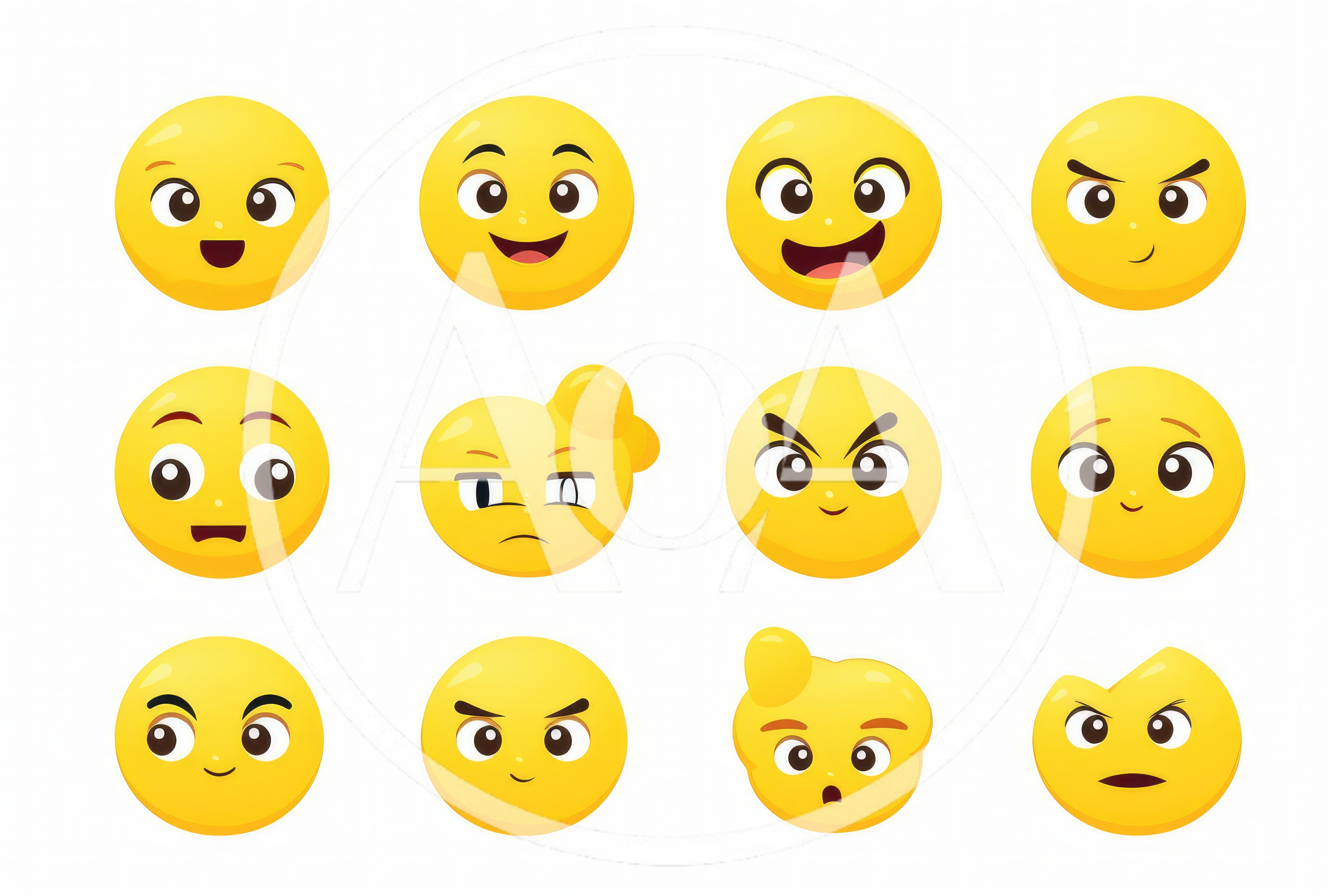 Set Of Twelve Expressive Yellow Cartoon Emojis