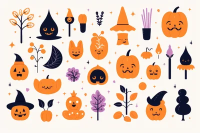 Cute Halloween Pumpkin And Spooky Icon Set