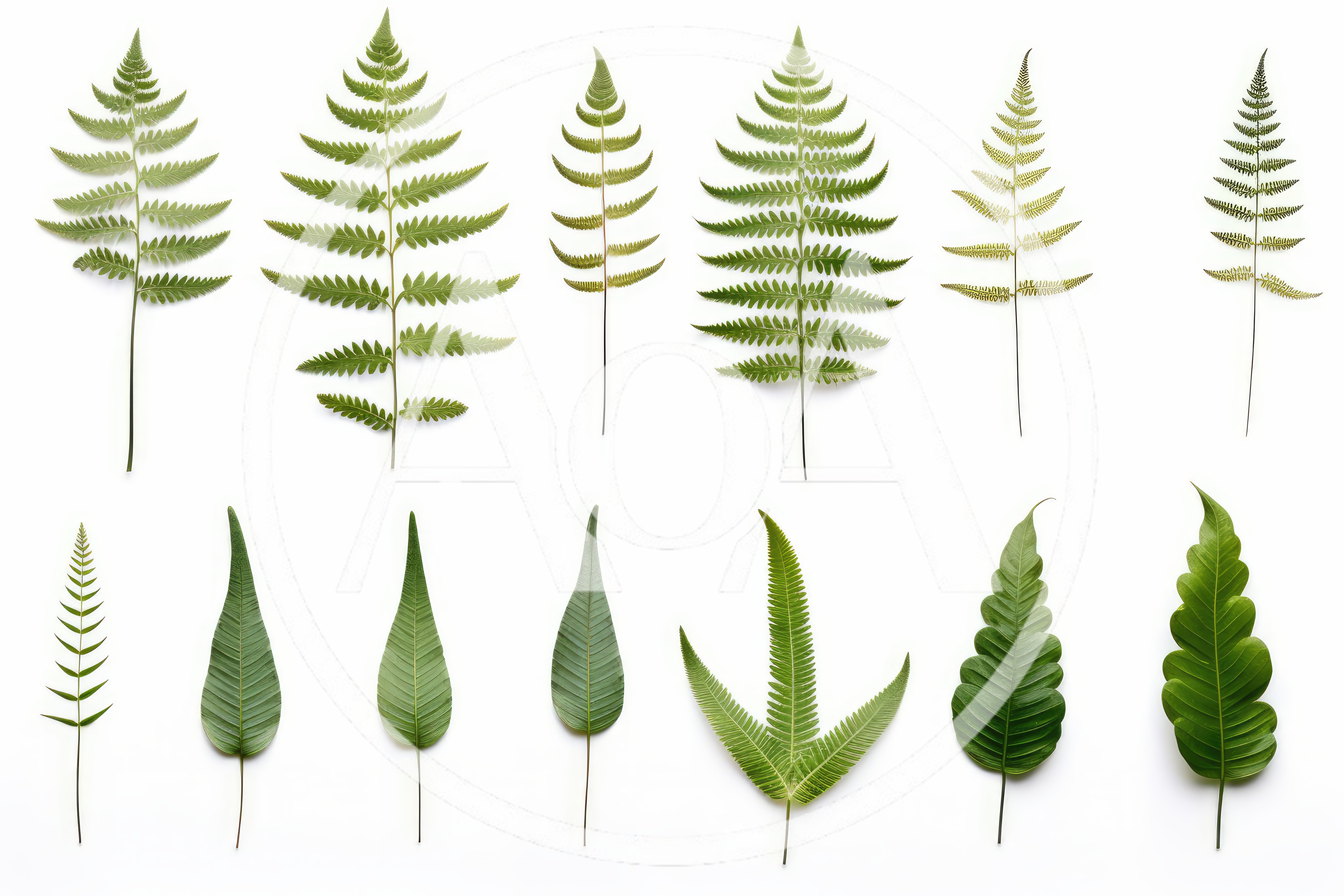 Collection Of Various Green Fern Leaves On White Background