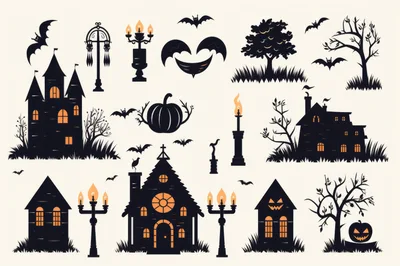 Halloween Silhouette Elements Set With Haunted Houses And Bats