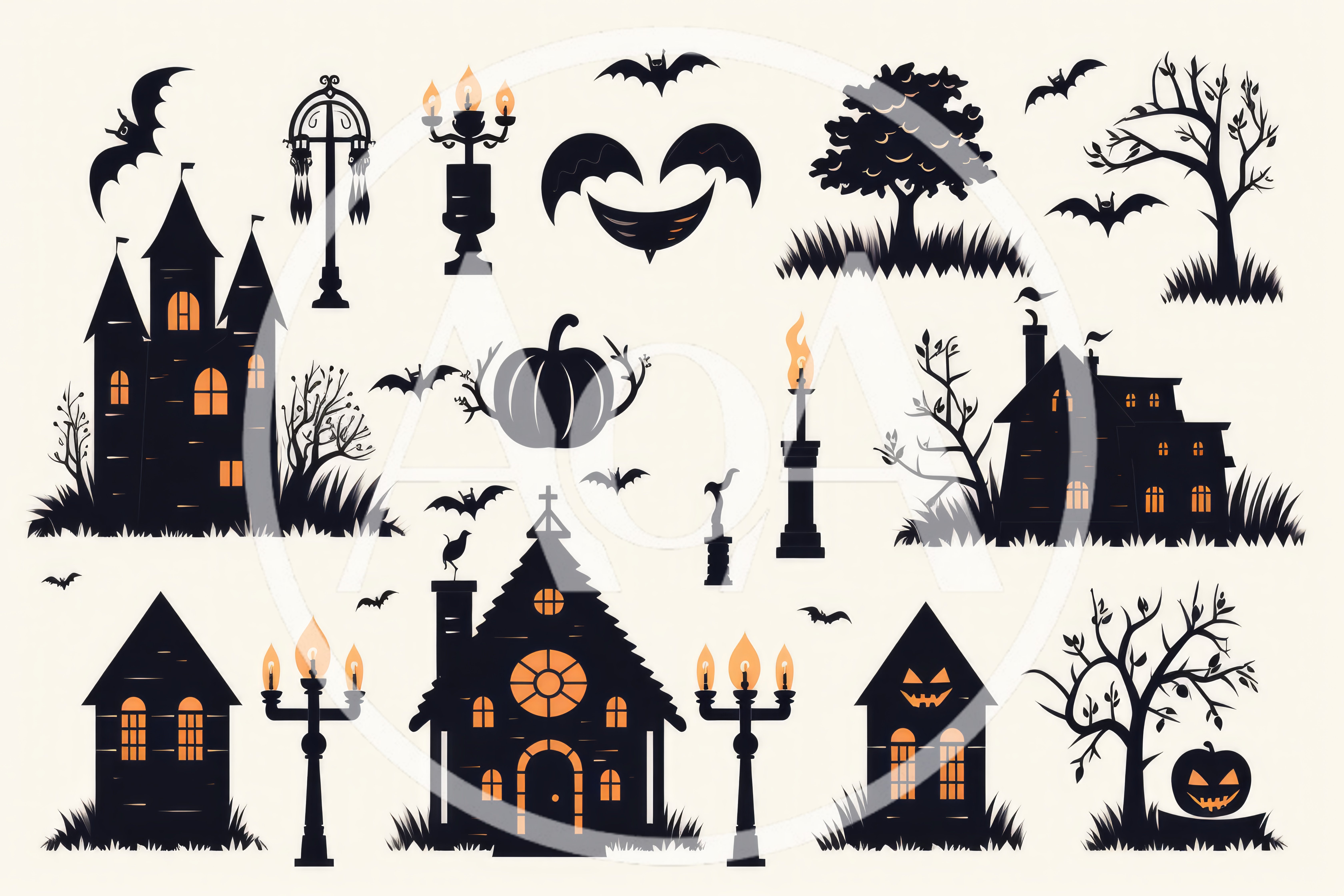 Halloween Silhouette Elements Set With Haunted Houses And Bats