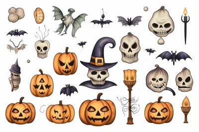 Halloween Themed Decorative Elements And Spooky Icons Set