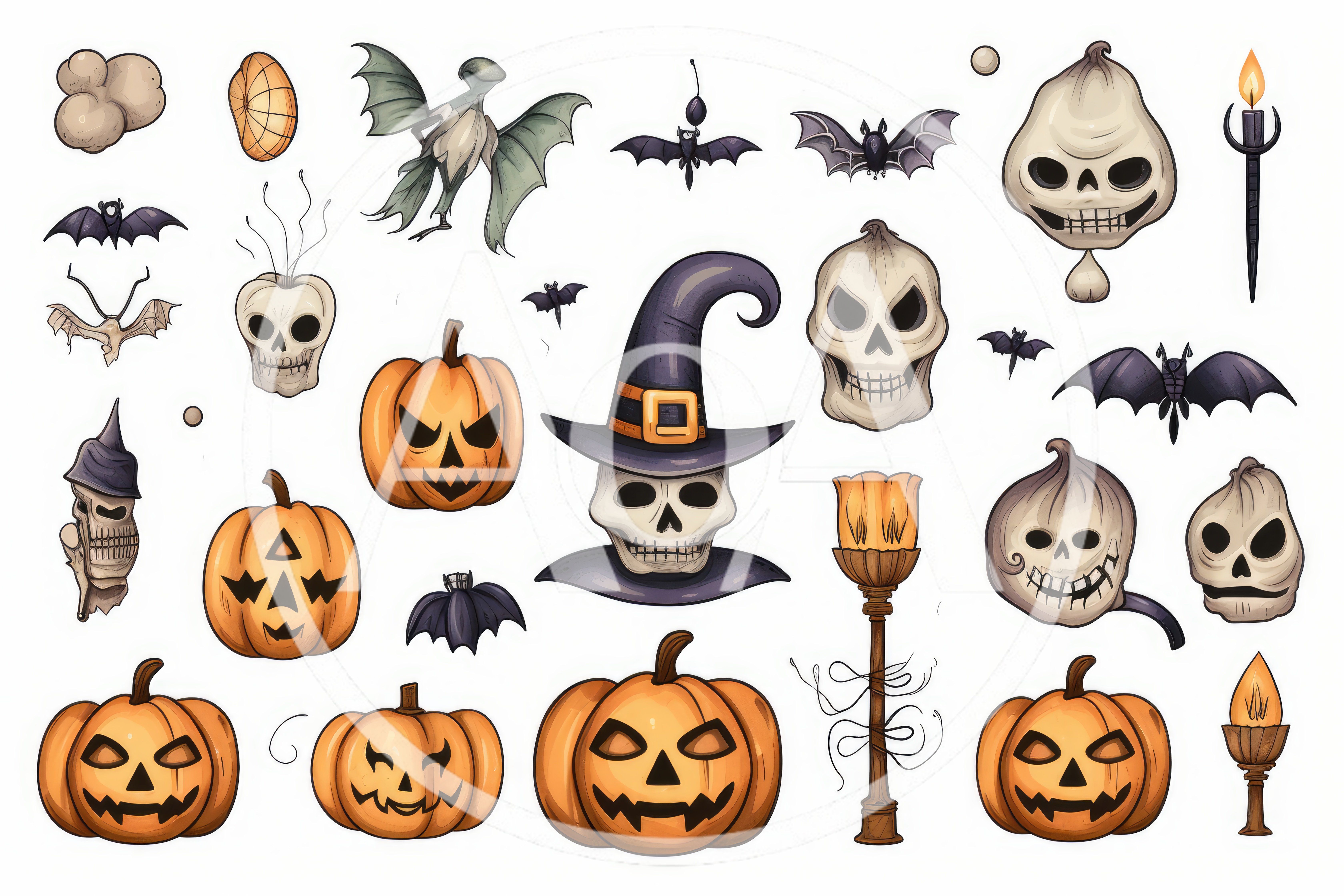Halloween Themed Decorative Elements And Spooky Icons Set