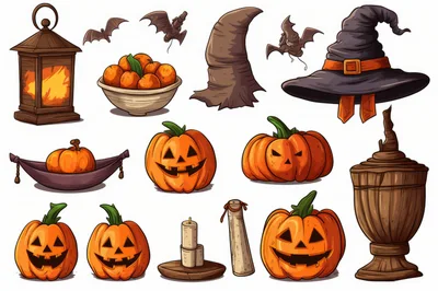 Halloween Themed Decorative Elements and Jack O Lanterns