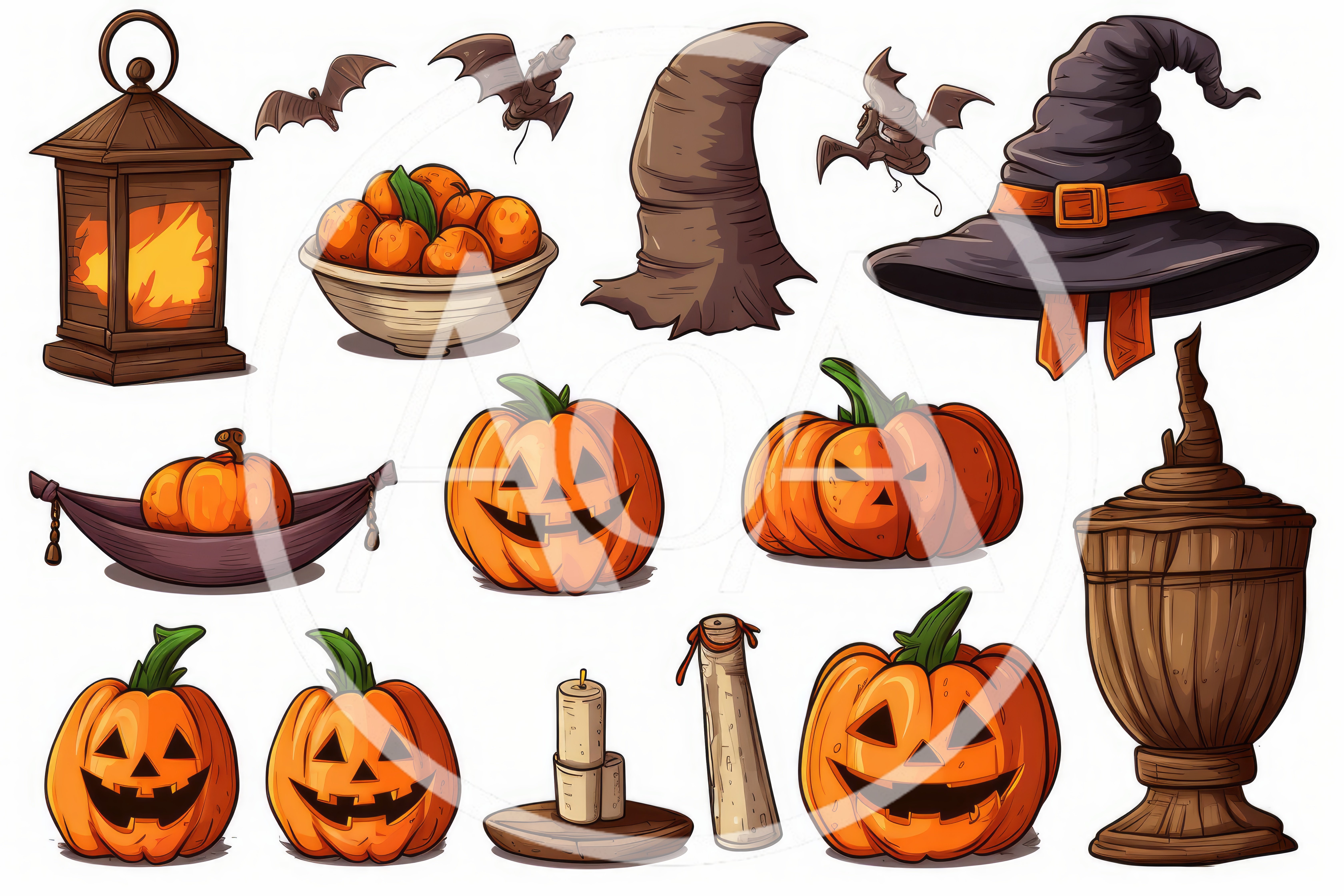 Halloween Themed Decorative Elements and Jack O Lanterns