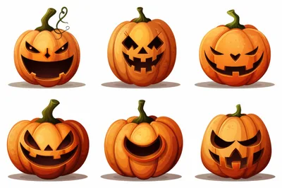 Set of Six Carved Halloween Jack O Lantern Pumpkins