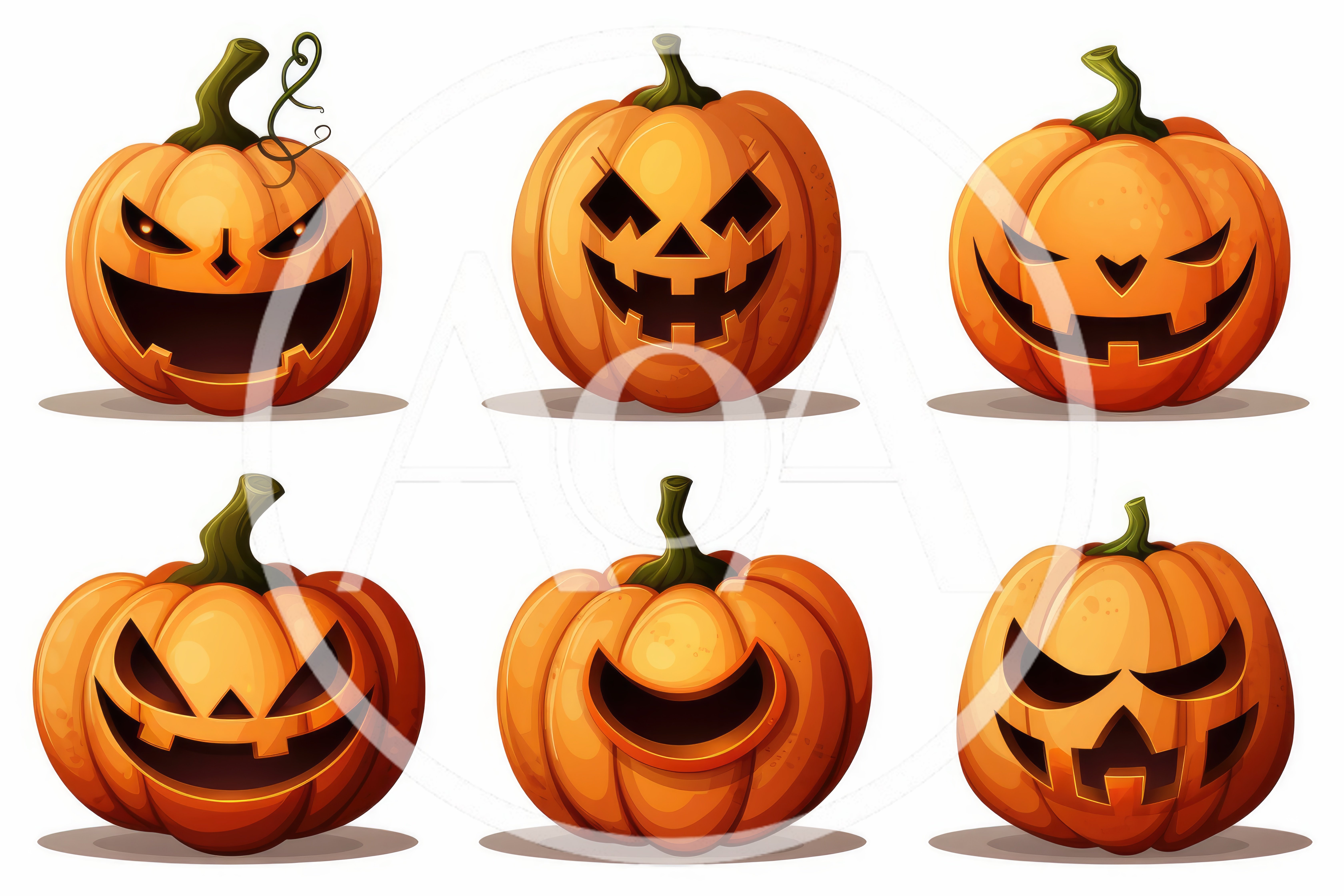 Set of Six Carved Halloween Jack O Lantern Pumpkins