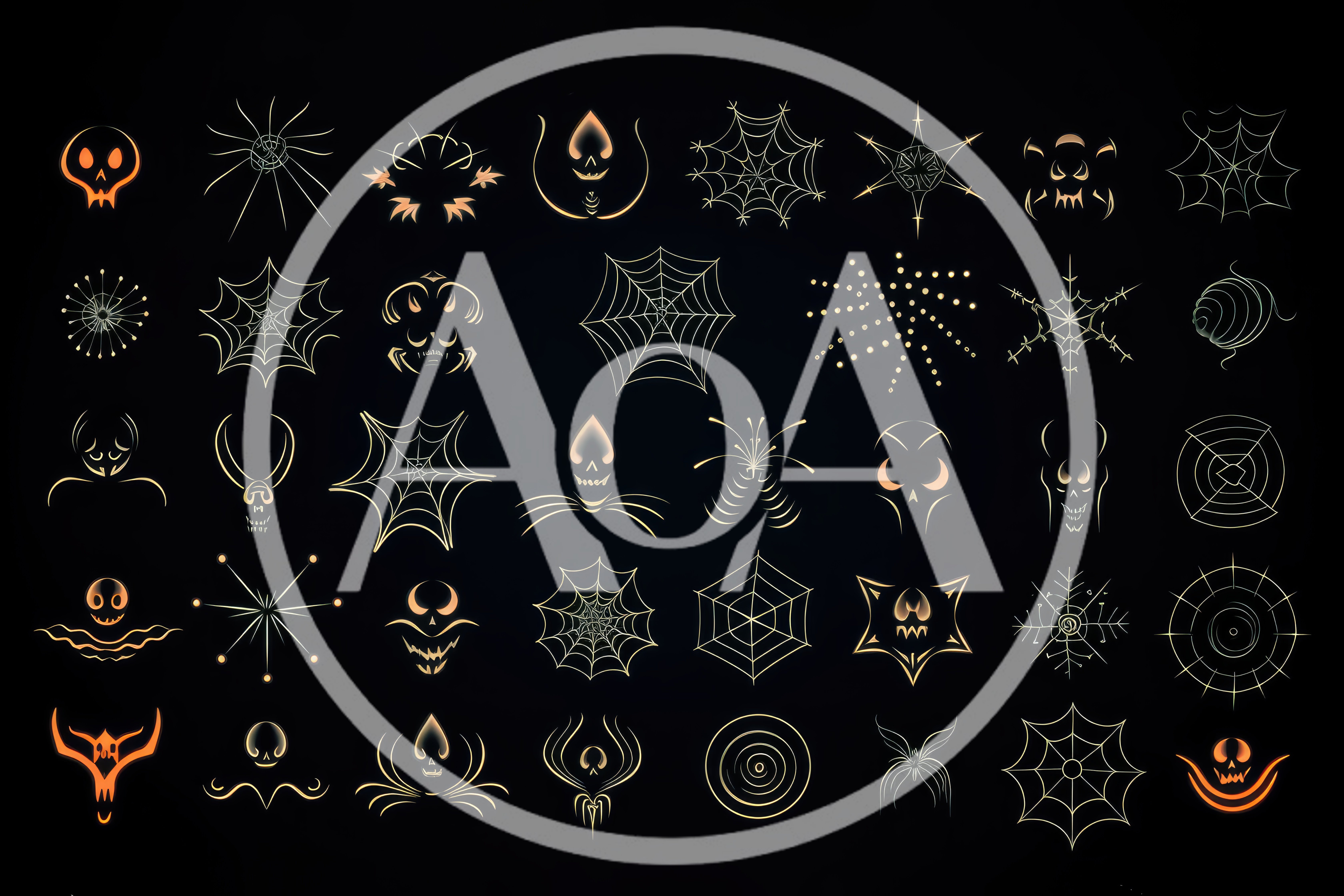 Collection Of Glowing Halloween Icons And Spider Webs