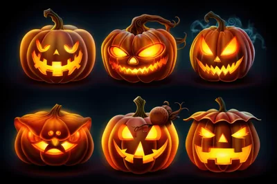 Set of Six Glowing Halloween Jack O Lanterns