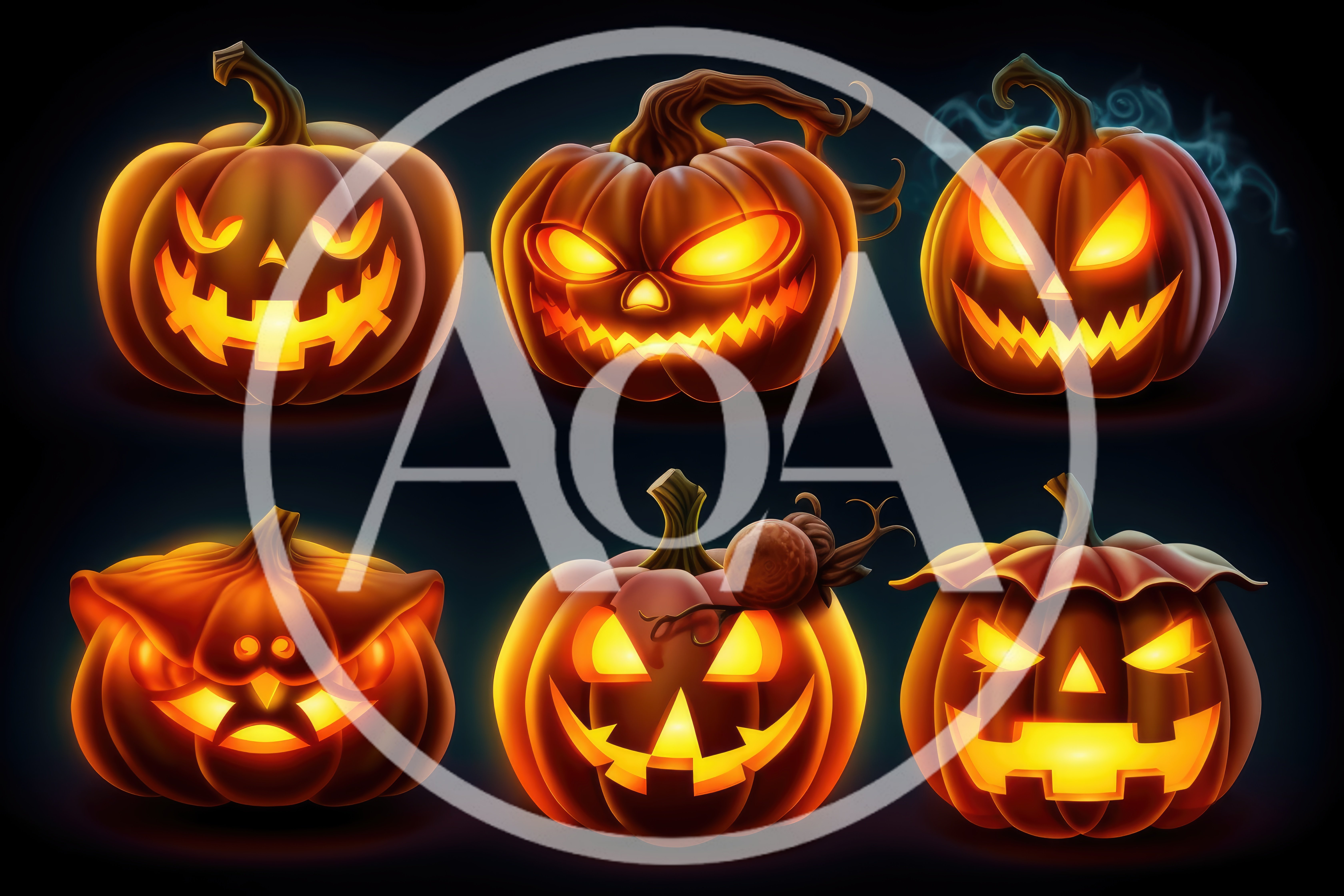 Set of Six Glowing Halloween Jack O Lanterns