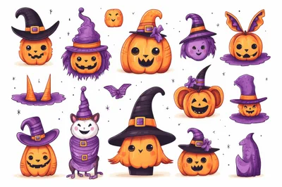 Cute Halloween Pumpkin Characters With Witch Hats