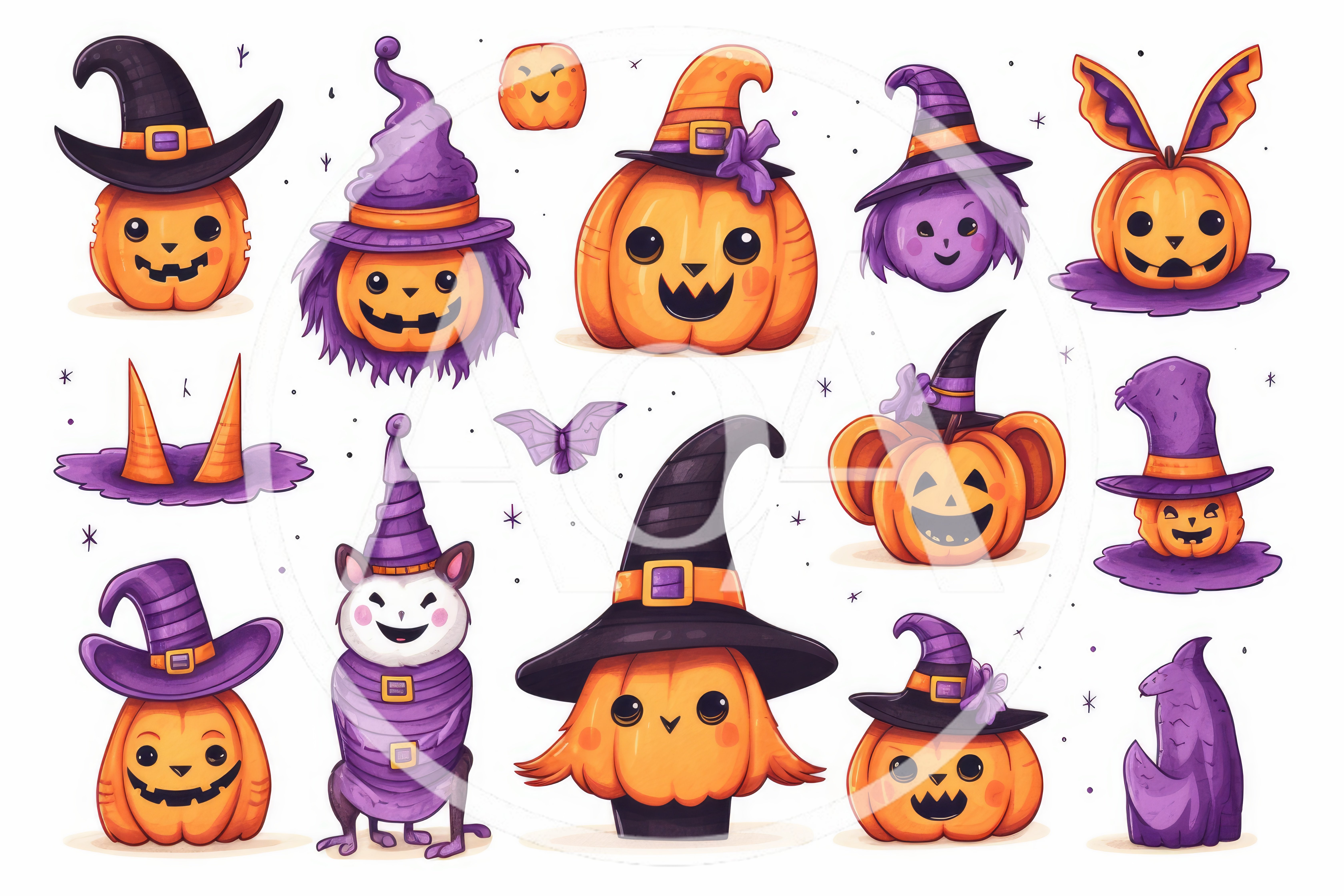 Cute Halloween Pumpkin Characters With Witch Hats