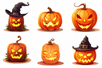 Set Of Six Spooky Halloween Jack O Lantern Pumpkins